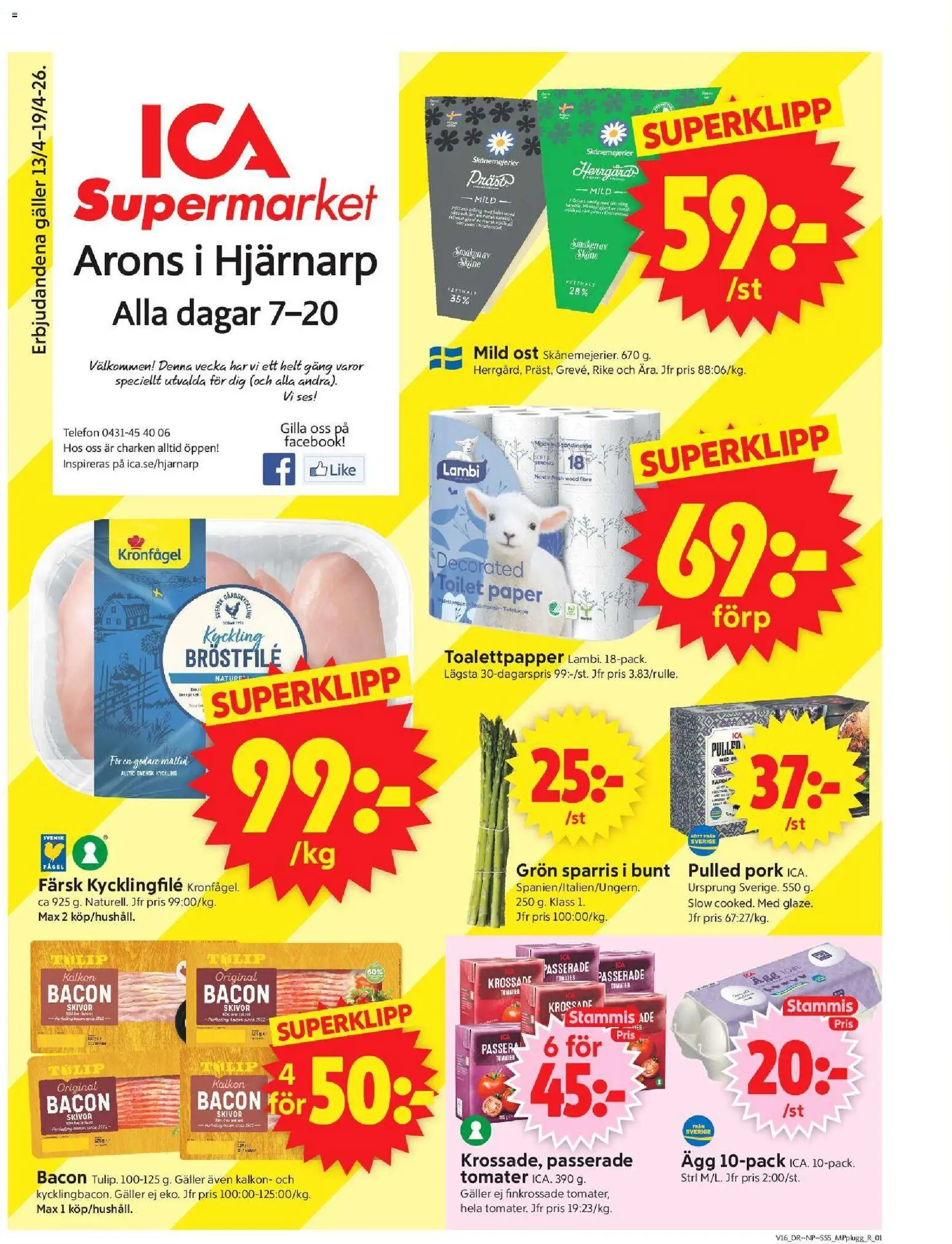ICA Supermarket reklamblad aktuell från 13.04.2026 | Sida: 1 | Produkter: Bacon, Galler, Kalkon, Sparris