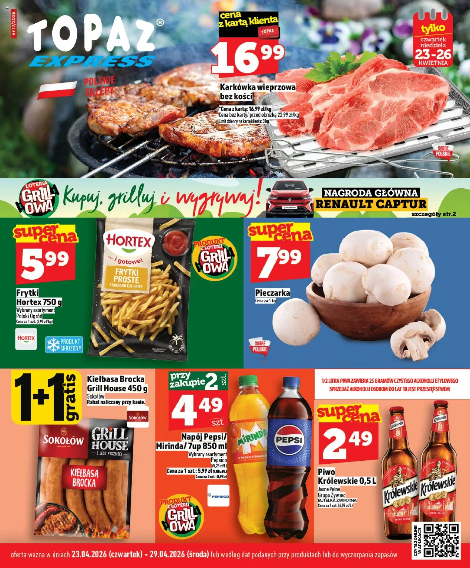 Topaz gazetka - Express od 23.04.2026 | Strona: 1 | Produkty: Kiełbasa, Karkówka, Grill, Pepsi