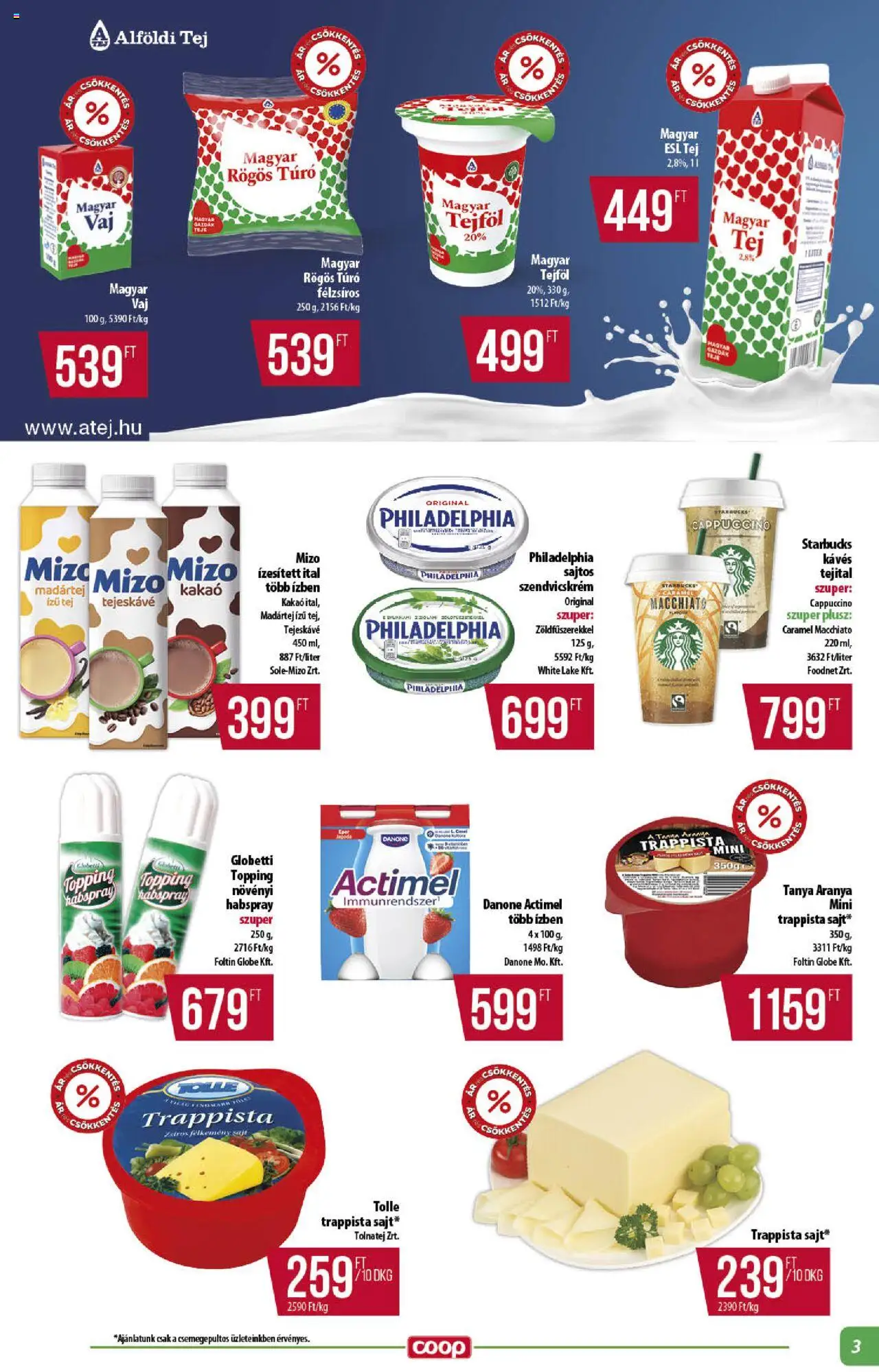 COOP akciós ujság - amely érvényes a következő dátumtól: 21.08.2025 | Oldal: 3 | Termékek: Szendvicskrém, Actimel, Túró, Trappista sajt