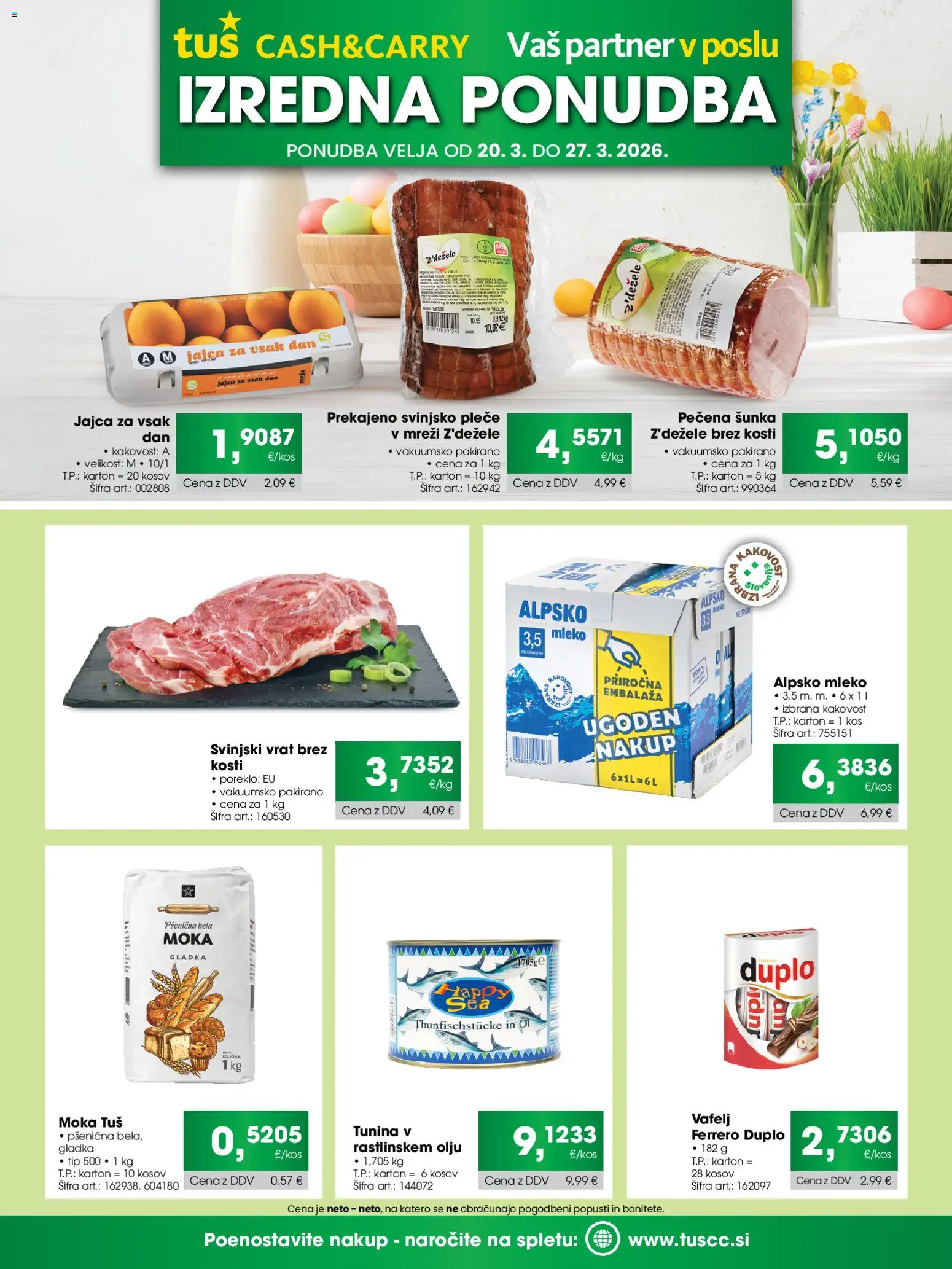 Novi Tuš katalog ponudbe – veljaven od 20.03.2026 | Stran: 1 | Izdelki: Kos, Mleko, Jajca, Sunka