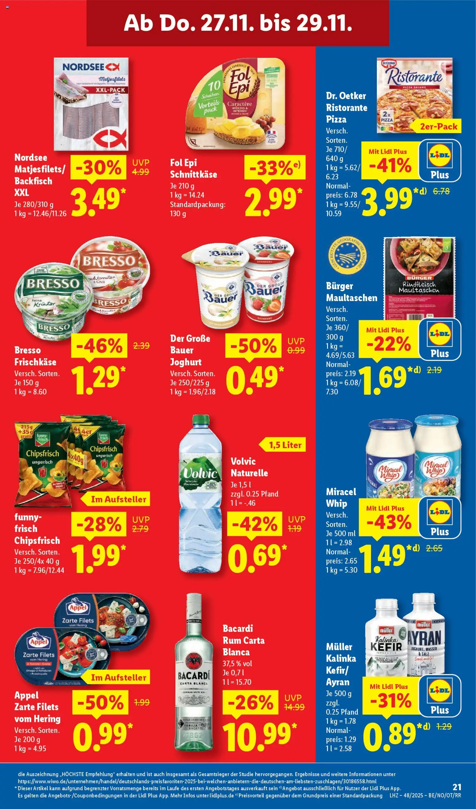 Lidl Prospekt Jessen – gültig ab 24.11.2025 | Seite: 29 | Produkte: Funny frisch, Miracel whip, Wasser, Maultaschen