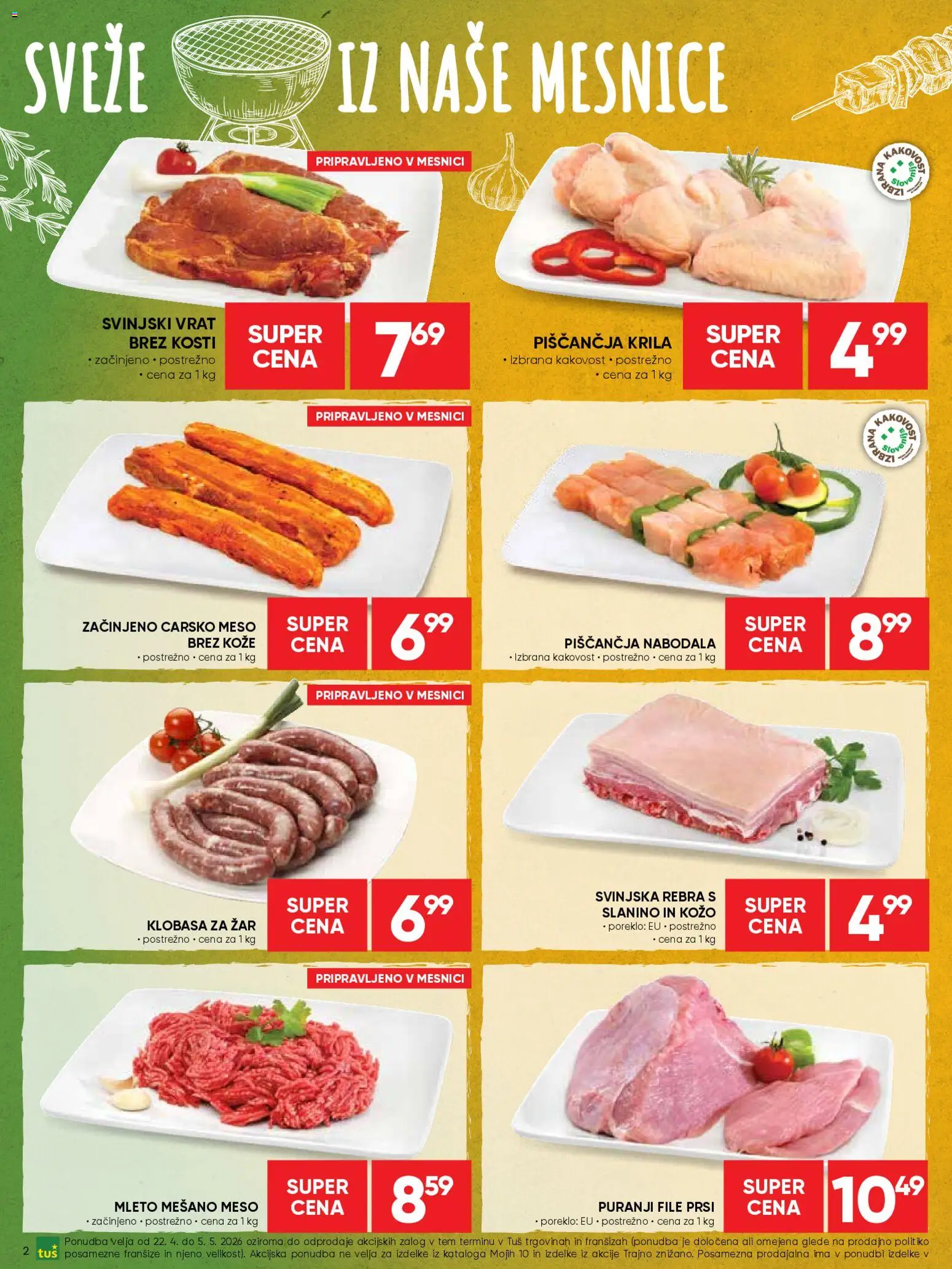 Novi Tuš katalog ponudbe – veljaven od 22.04.2026 | Stran: 2 | Izdelki: Zar, Piščančja krila, Nabodala