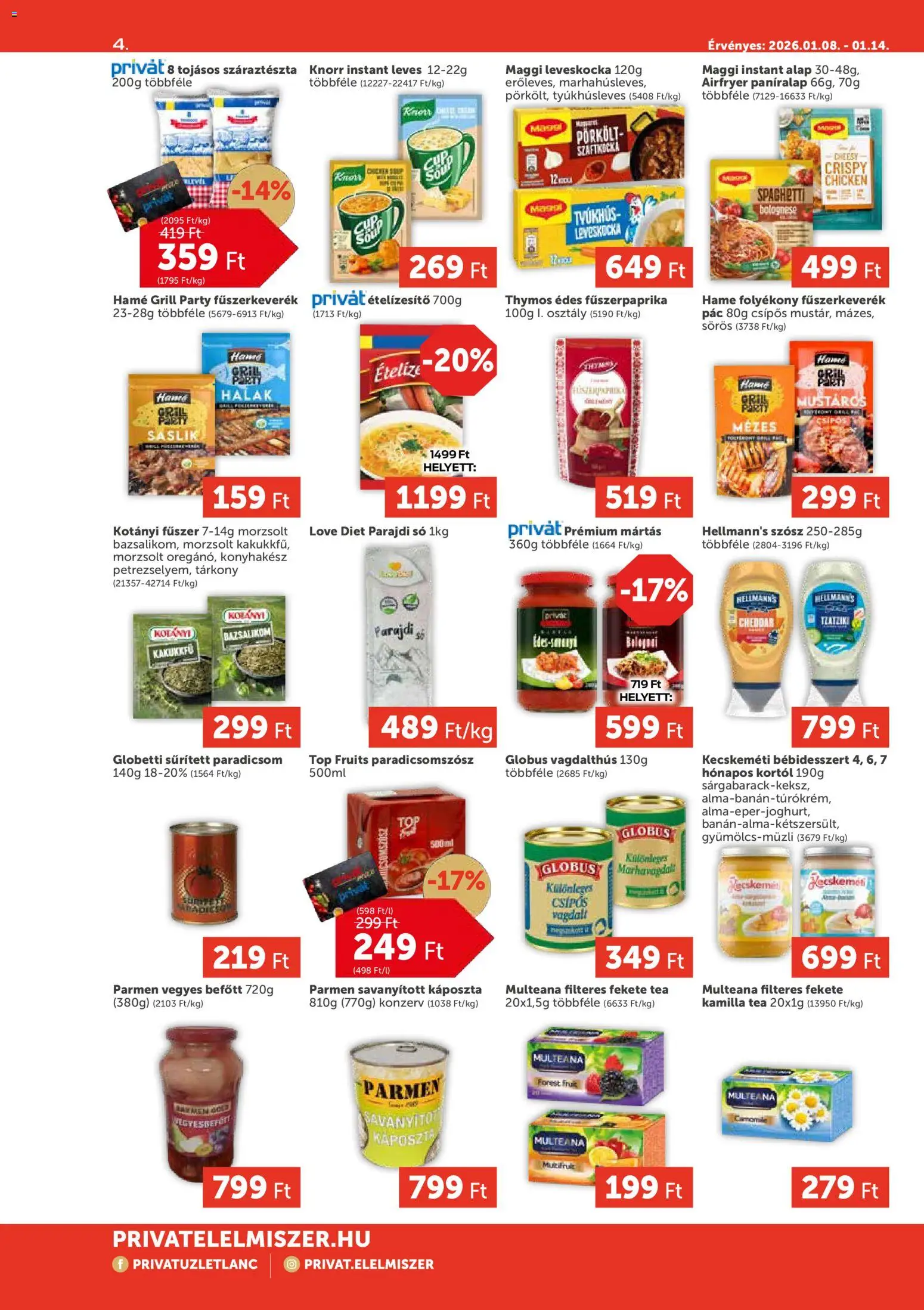 PRIVÁT akciós ujság - amely érvényes a következő dátumtól: 08.01.2026 | Oldal: 4 | Termékek: Cheddar, Paradicsomszósz, Ételízesítő, Fűszer
