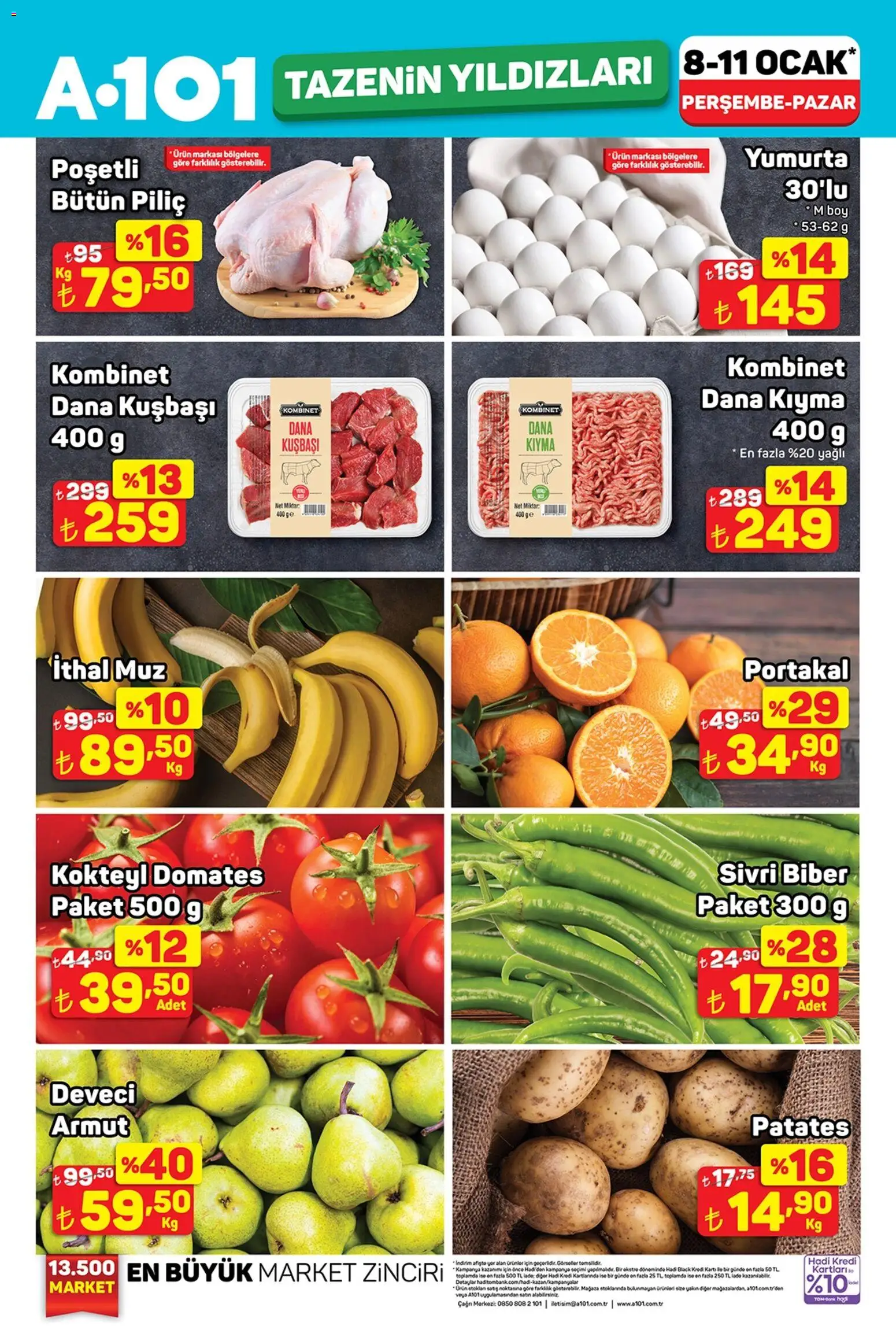 A101 Tazenin Yıldızları - 08.01.2026 tarihinden itibaren geçerlidir | Sayfa: 1 | Ürünler: Domates, Biber, Piliç, Armut