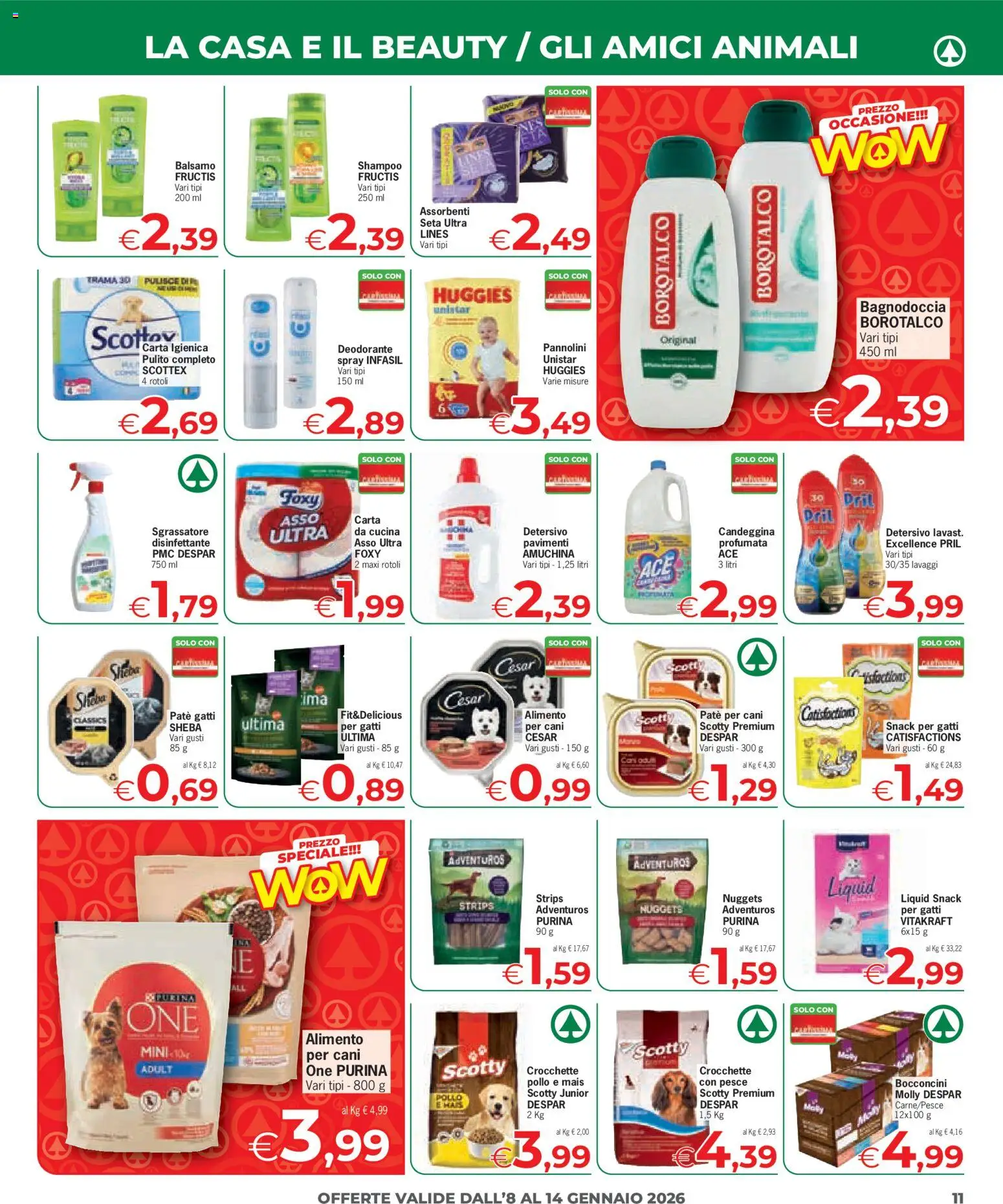 Volantino Despar del 08.01.2026 | Pagina: 11 | Prodotti: Paté, Pannolini, Carta igienica, Deodorante