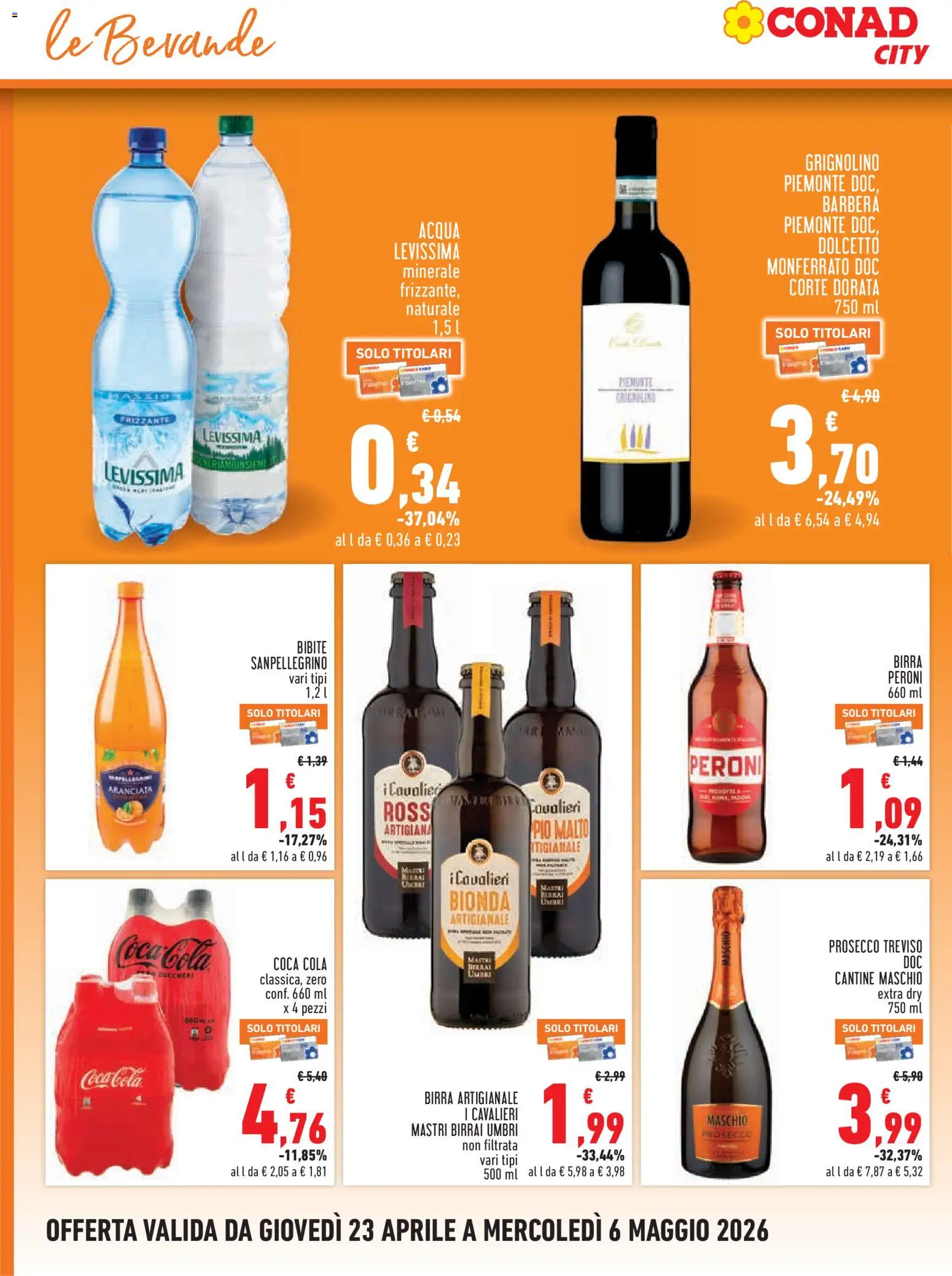 Volantino Conad del 23.04.2026 | Pagina: 16 | Prodotti: Birra, Prosecco, Acqua, Coca Cola