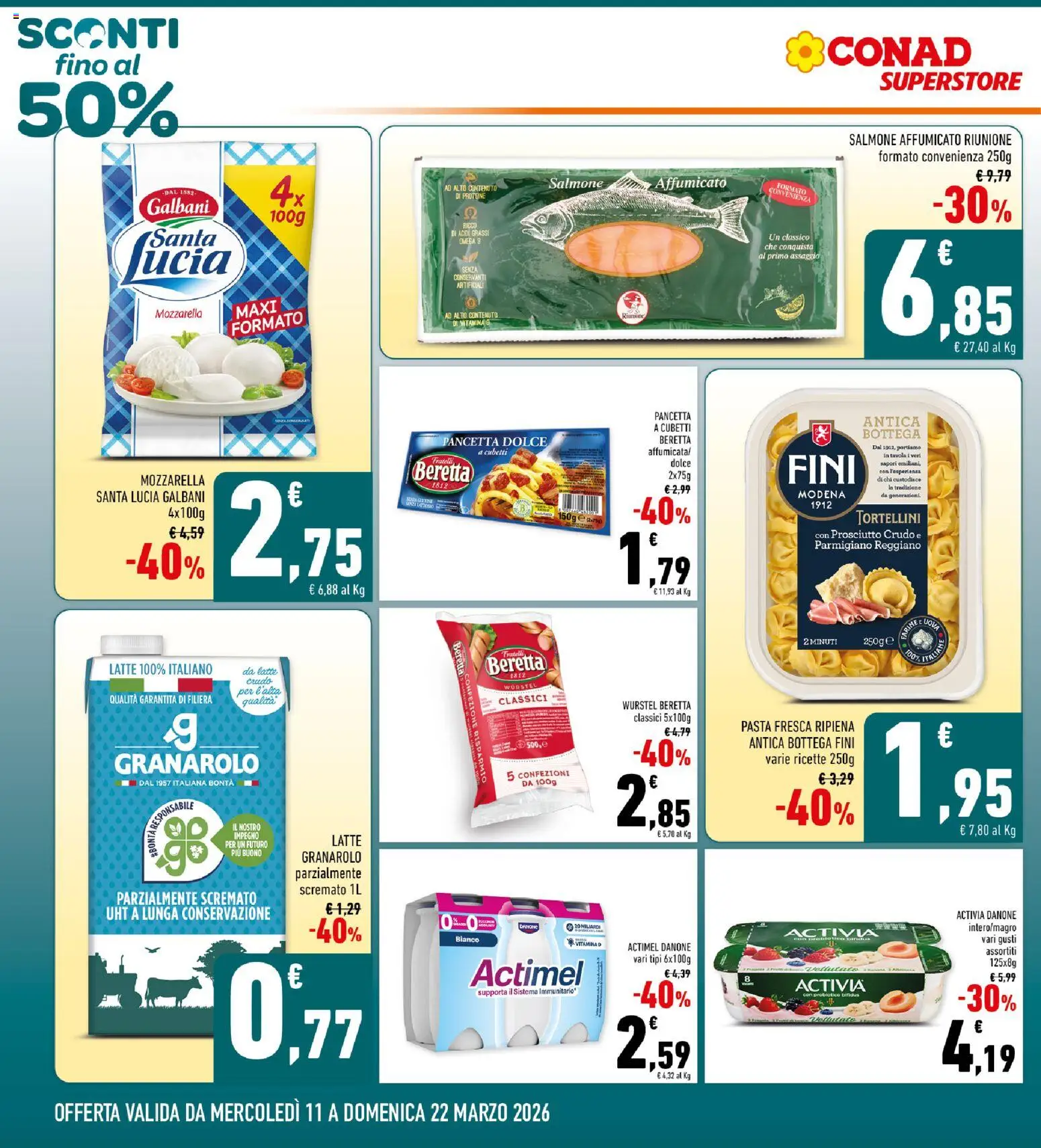 Volantino Conad del 11.03.2026 | Pagina: 2 | Prodotti: Salmone, Latte, Prosciutto, Pasta