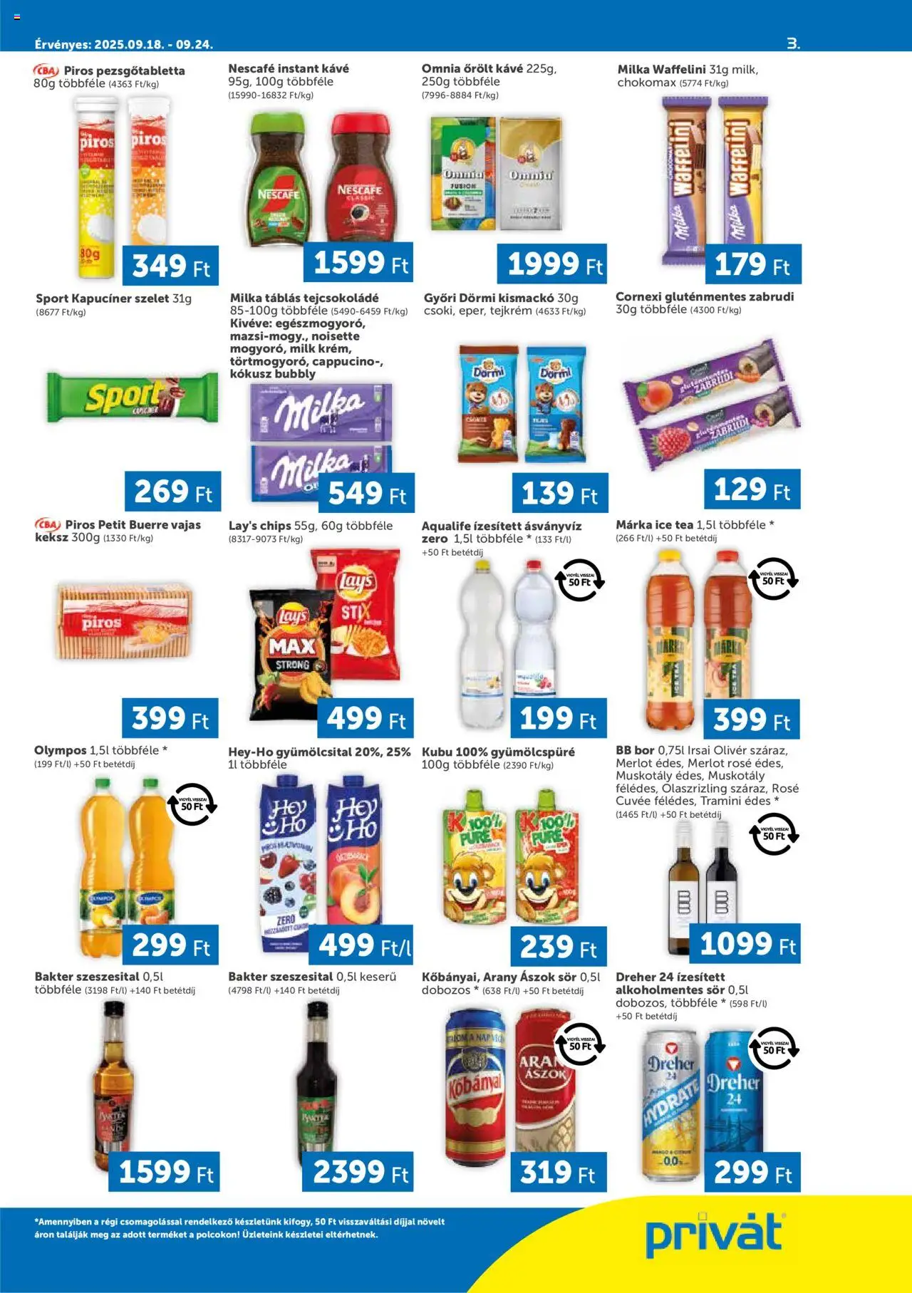 PRIVÁT akciós ujság - amely érvényes a következő dátumtól: 18.09.2025 | Oldal: 3 | Termékek: Nescafé, Tejcsokoládé, Ásványvíz, Tea
