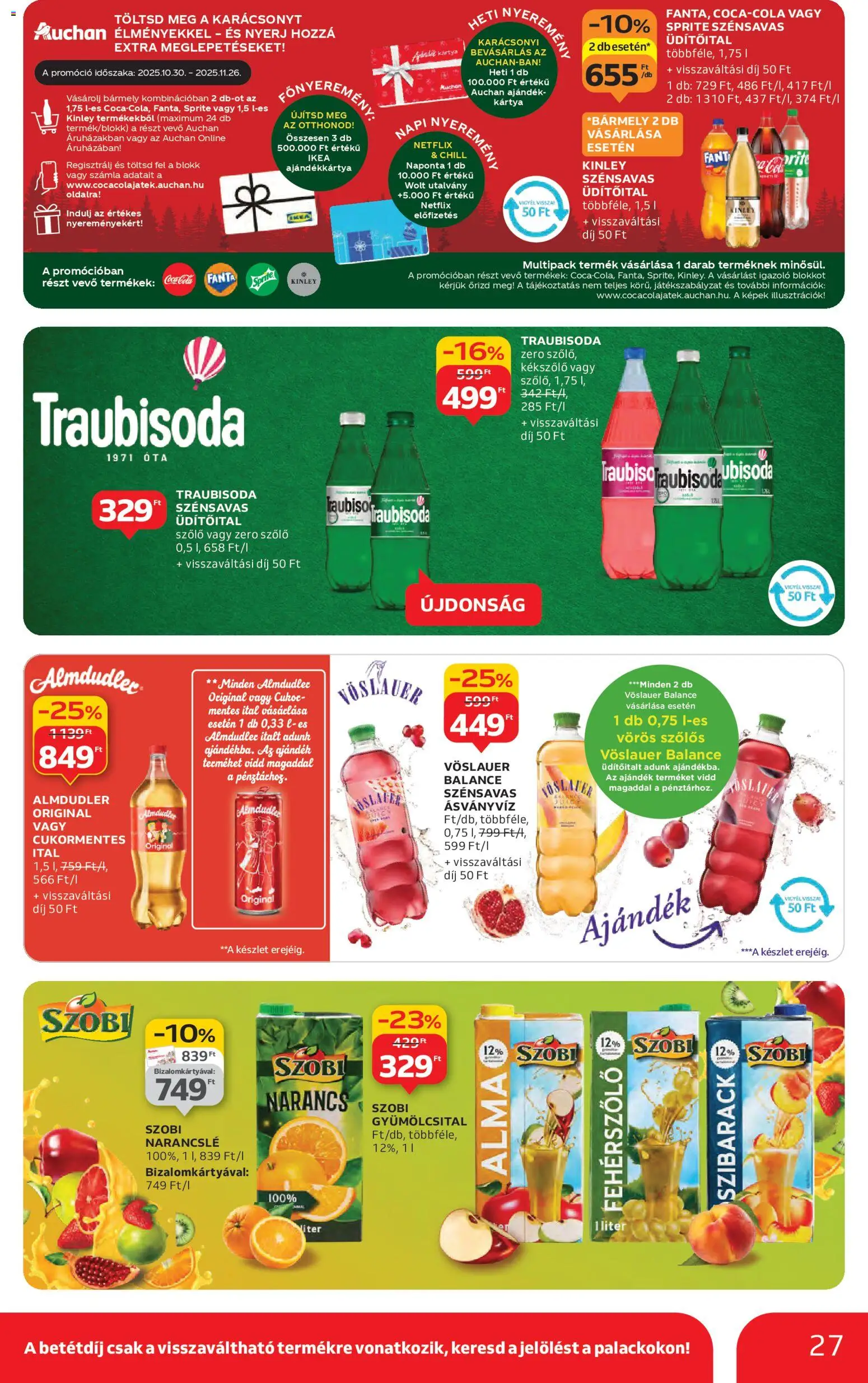 Auchan akciós ujság - amely érvényes a következő dátumtól: 30.10.2025 | Oldal: 27 | Termékek: Szőlő, Gyümölcsital, Narancs, Narancslé