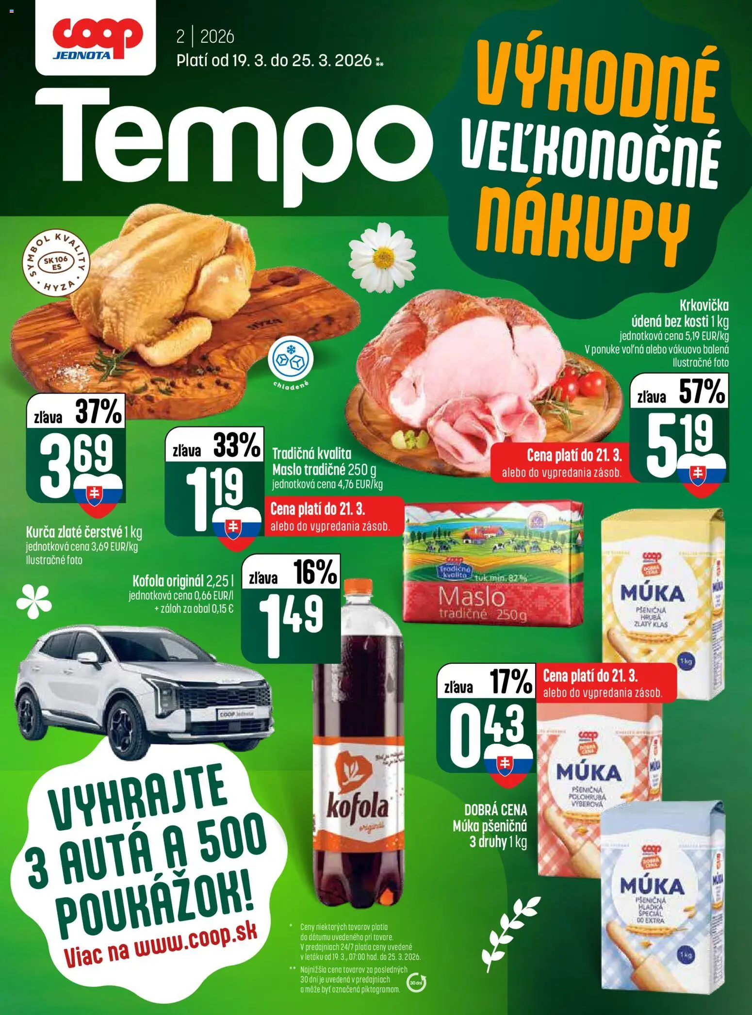 Nové COOP Jednota akcie – leták je platný od 19.03.2026 | Strana: 1 | Produkty: Maslo, Zlatý klas, Krkovička, Kurča
