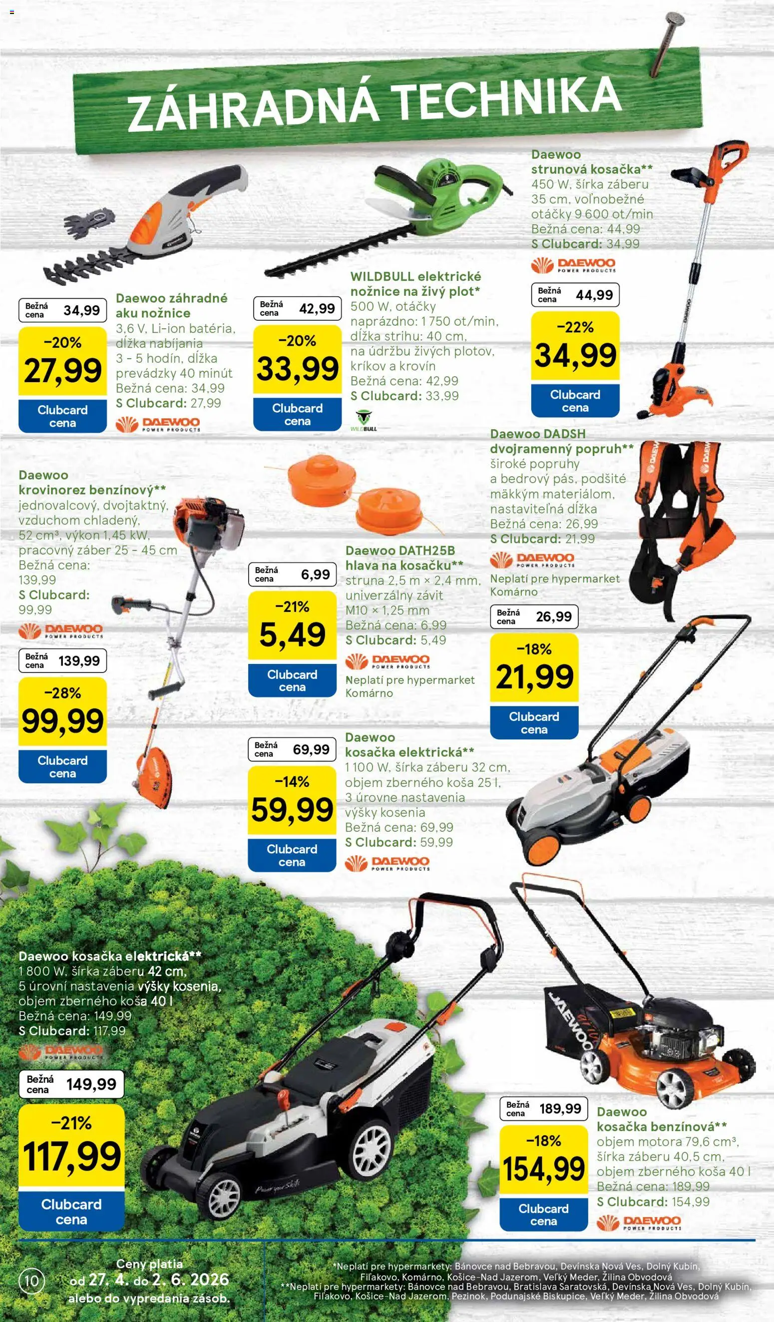 Nové Tesco akcie – leták je platný od 27.04.2026 | Strana: 10 | Produkty: Krovinorez, Kosačka, Aku