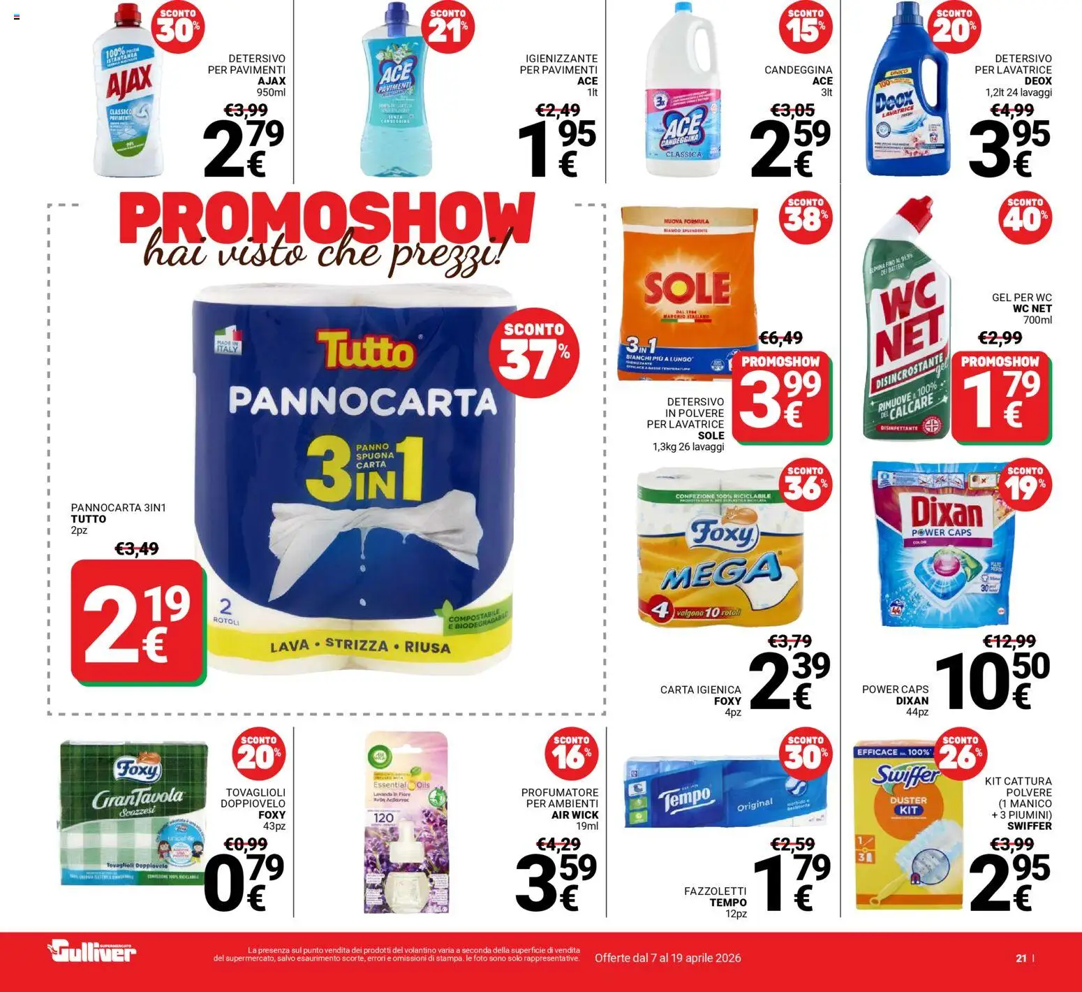 Volantino Gulliver del 07.04.2026 | Pagina: 21 | Prodotti: Detersivo in polvere, Candeggina, Fazzoletti, Lavanda