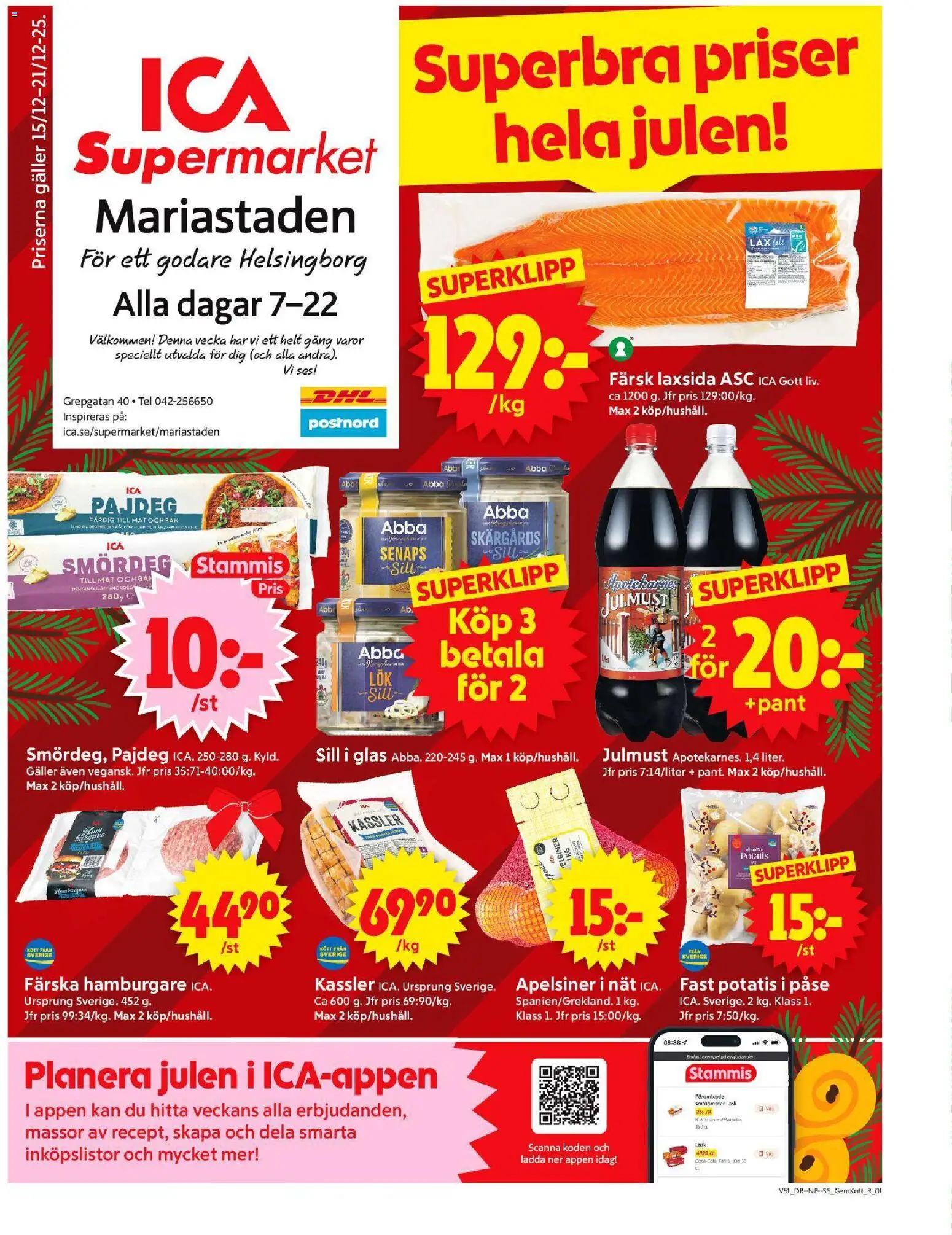 ICA Supermarket reklamblad aktuell från 15.12.2025 | Sida: 1 | Produkter: Kassler, Lax, Fanta, Potatis