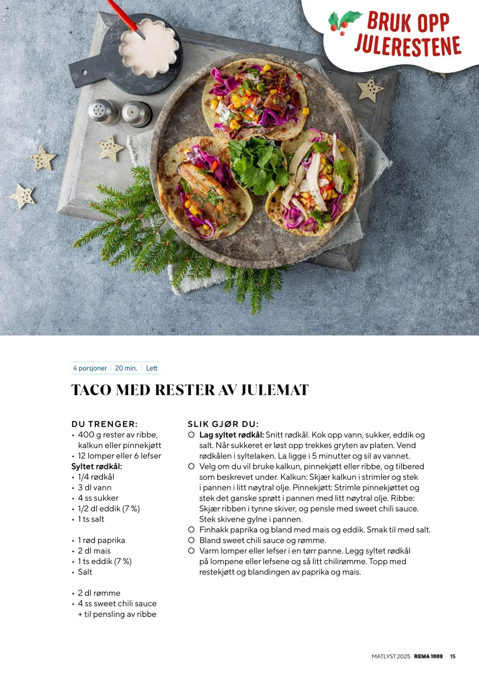 {H1} | Side: 15 | Produkter: Lefser, Rødkål, Kalkun, Taco