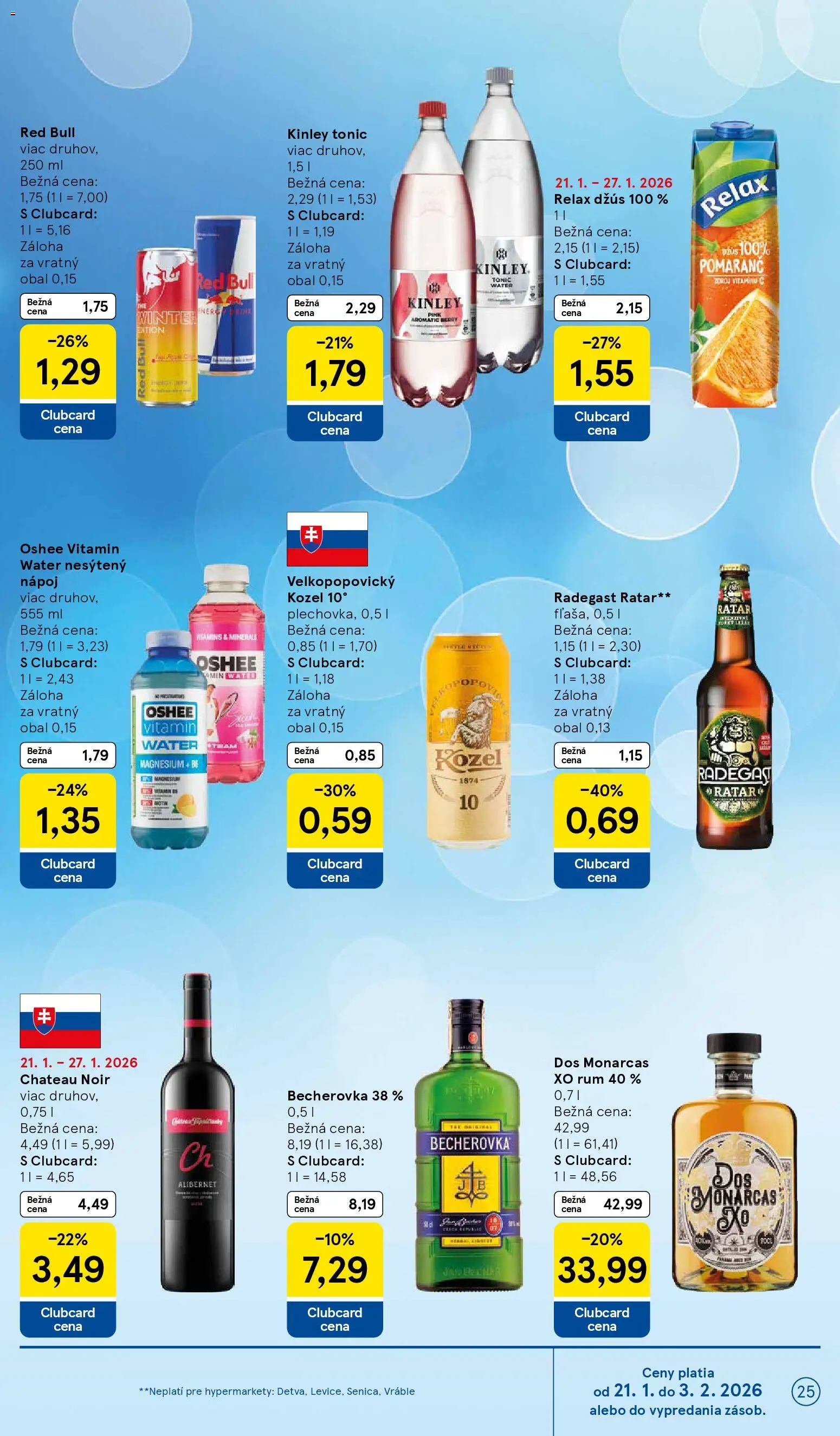Nové Tesco akcie – leták je platný od 21.01.2026 | Strana: 25 | Produkty: Becherovka, Džús, Radegast, Rum