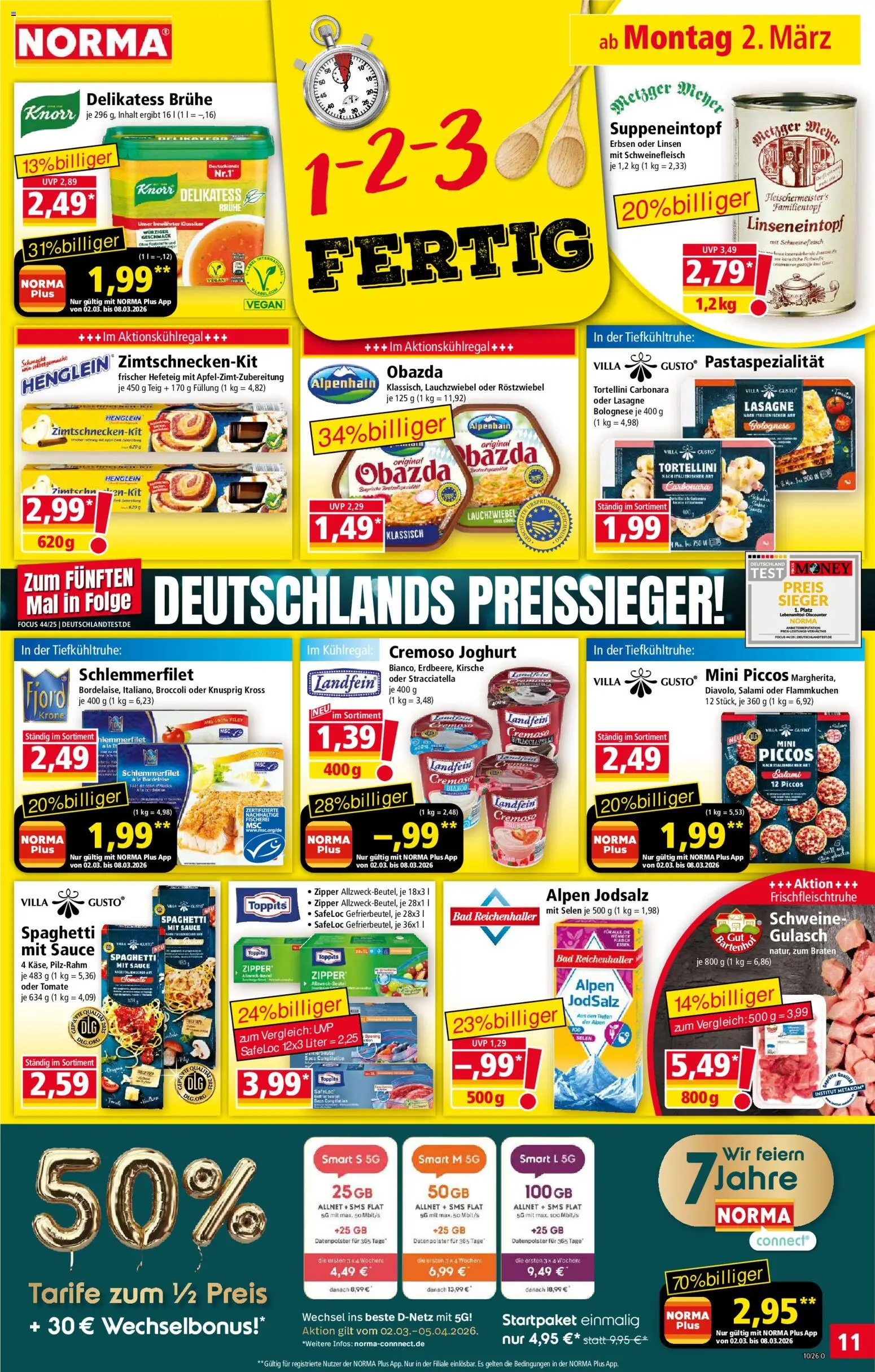 Norma Prospekt 	 – gültig ab 02.03.2026 | Seite: 11 | Produkte: Joghurt, Gulasch, Salami, Erbsen