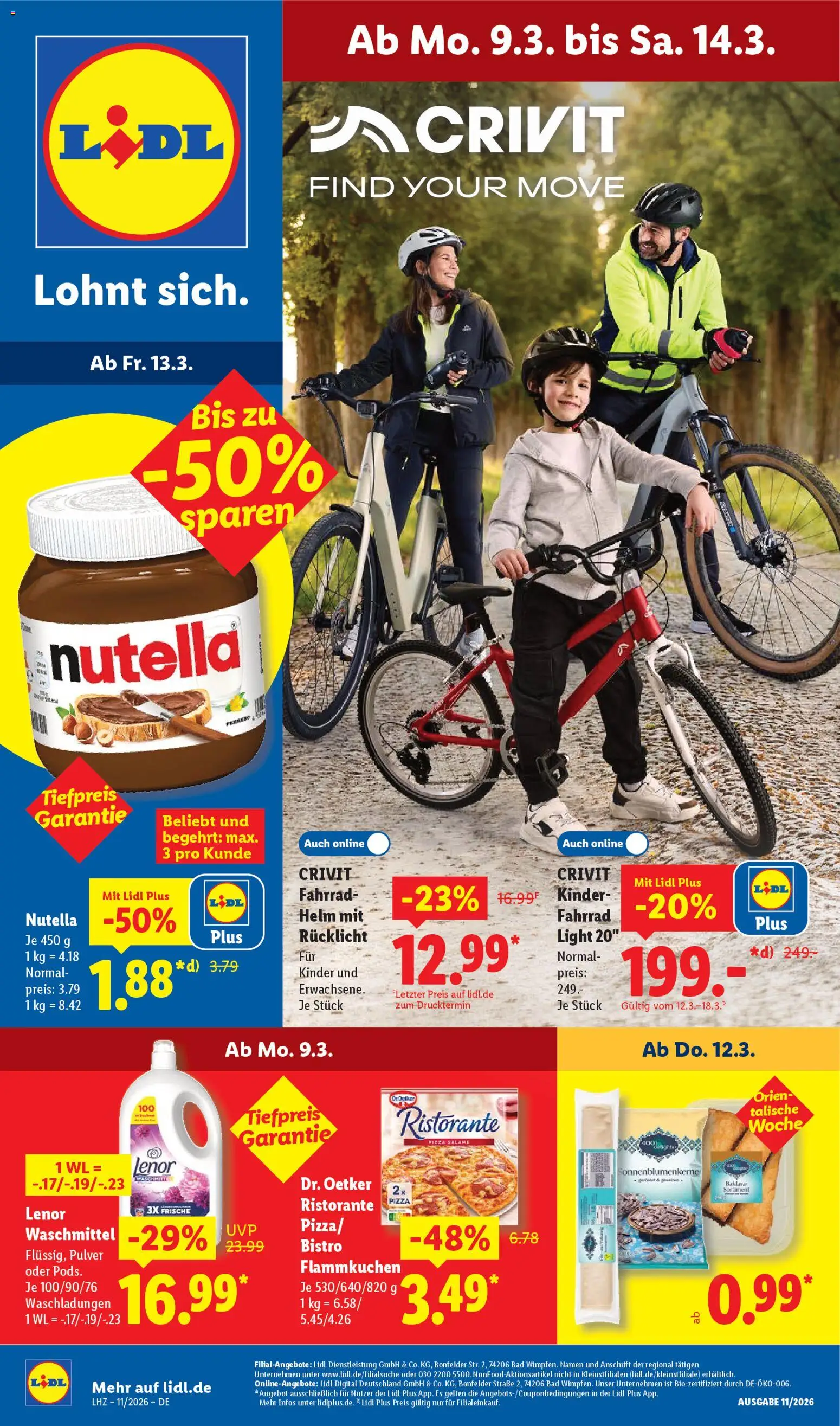 Lidl Prospekt Grimma – gültig ab 09.03.2026 | Seite: 1 | Produkte: Lenor, Nutella, Waschmittel, Pizza