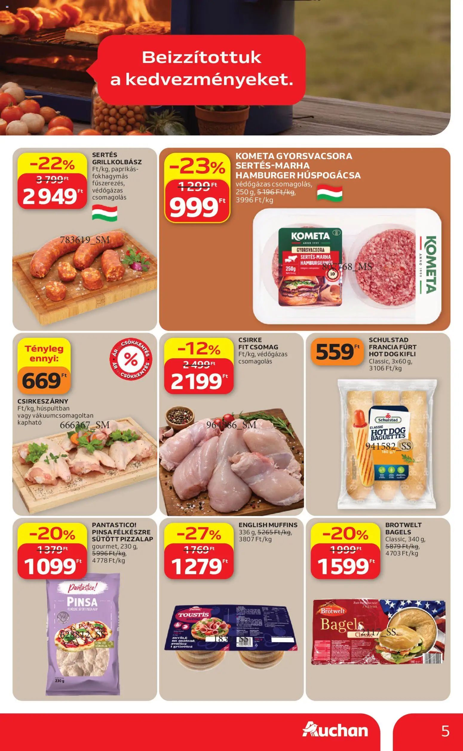 Auchan akciós ujság - amely érvényes a következő dátumtól: 09.04.2026 | Oldal: 5 | Termékek: Hamburger, Grillkolbász, Kifli, Pizza