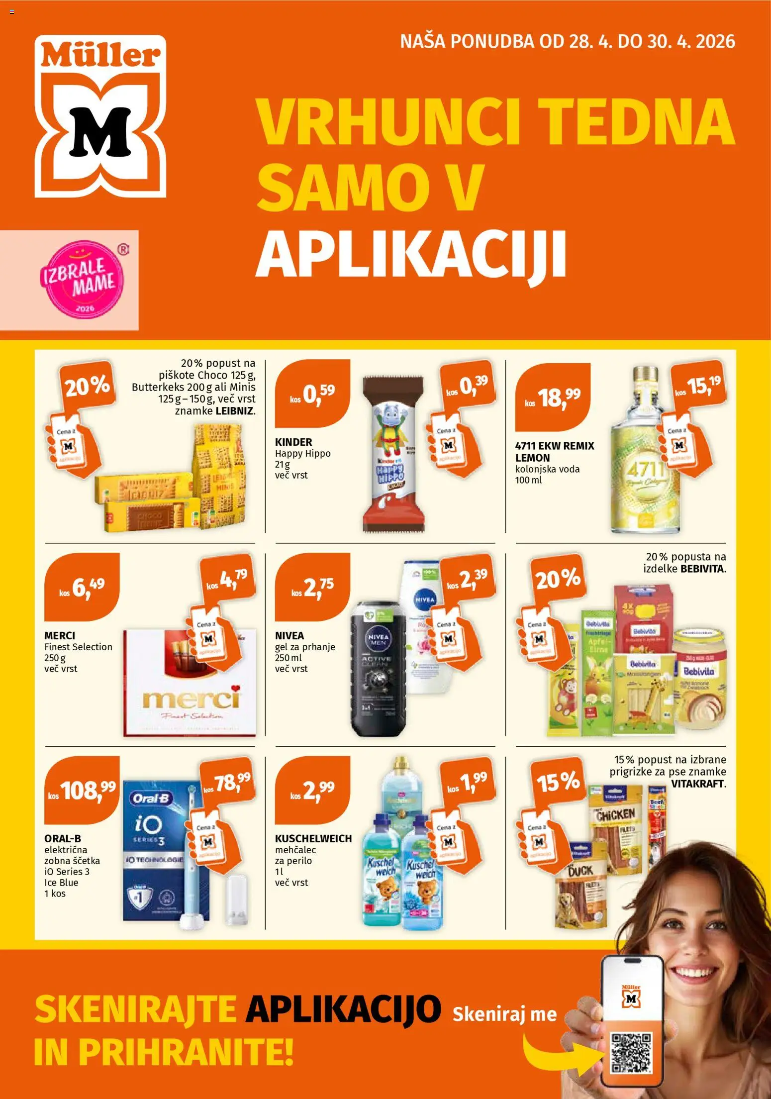 Novi Müller katalog ponudbe – veljaven od 28.04.2026 | Stran: 1 | Izdelki: Gel za prhanje, Kos, Zobna scetka, Voda