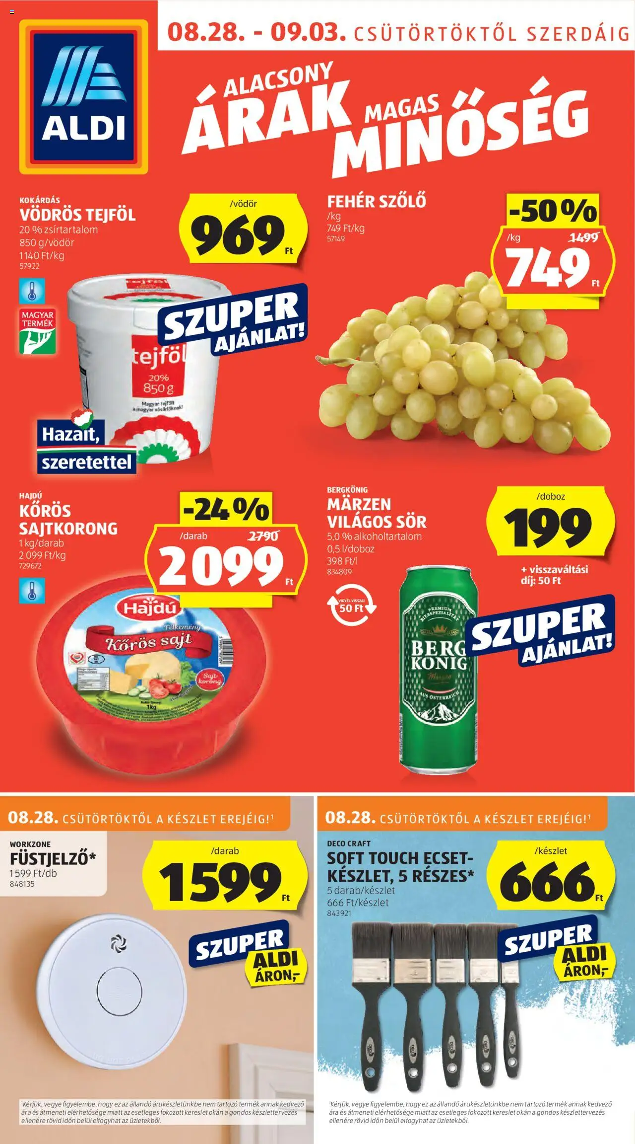 Aldi akciós ujság - amely érvényes a következő dátumtól: 28.08.2025 | Oldal: 1 | Termékek: Szőlő, Sajt, Sör, Tejföl