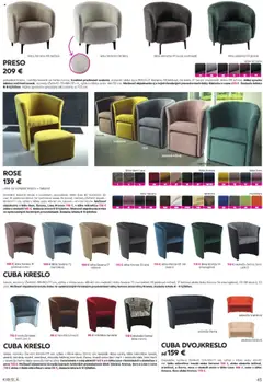 CUBA KRESLO, kreslo, rozmery (ŠxHxV): 65×60×77 cm, výška x hĺbka sedu: 45×42 cm, materiál: látka Savana 72 mentolová, 61 púdrová ružová, 17 béžová alebo látka Kronos 14 smaragdová, 05-09 modrá, 22 sivá. │ platný od 16.05.2025 | Strana: 45
