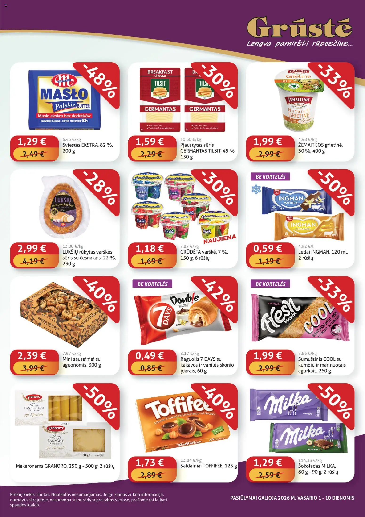 GRUSTE akcijos nuo 01.02.2026 | Puslapis: 3 | Prekių: Varškės sūris, Sumuštinis, Sviestas, Saldainiai
