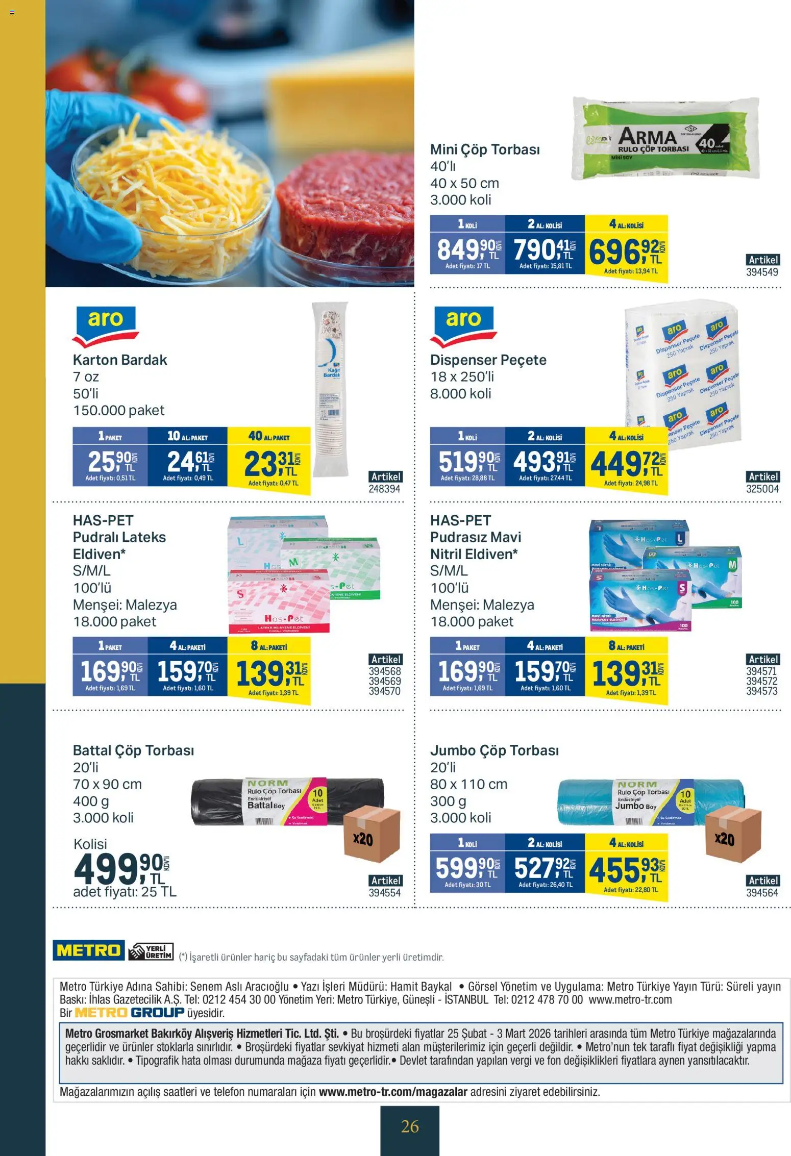 Metro - Kurum ve İşletme Mutfakları - 25.02.2026 tarihinden itibaren geçerlidir | Sayfa: 26 | Ürünler: Çöp torbası, Su, Eldiven, Telefon