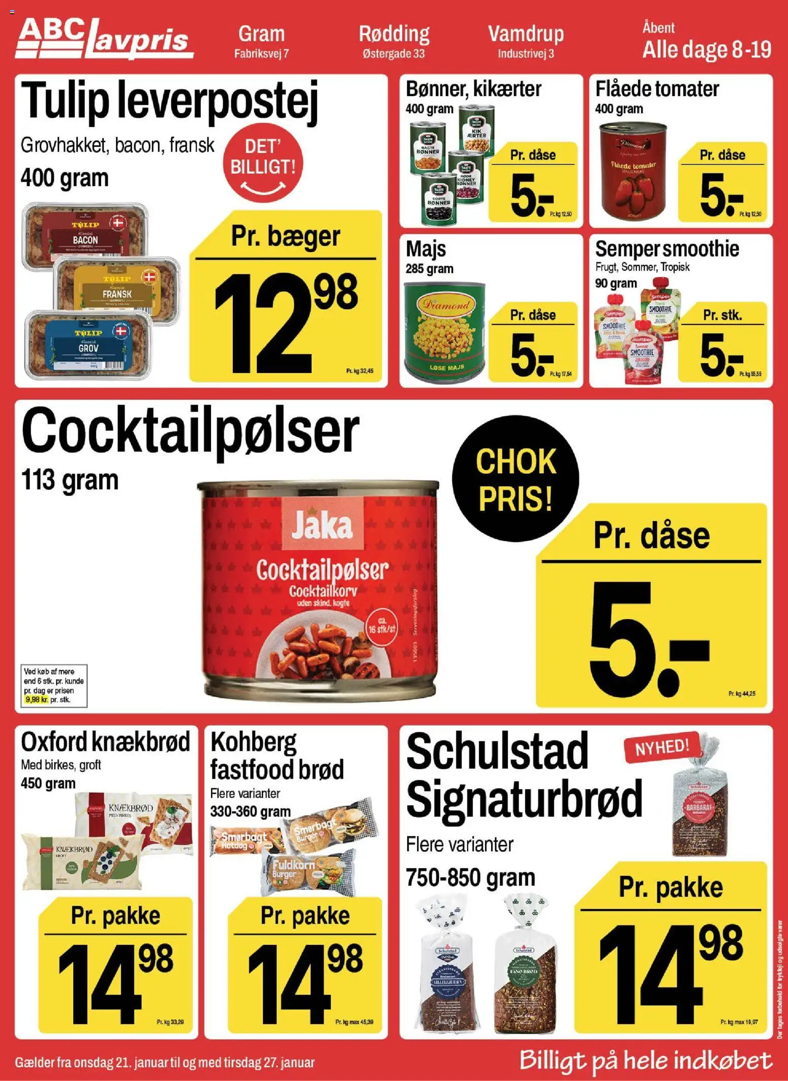 Abc Lavpris tilbudsavis – gyldig fra 21.01.2026 | Side: 1 | Produkter: Cocktailpølser, Majs, Bønner, Sorte Bønner