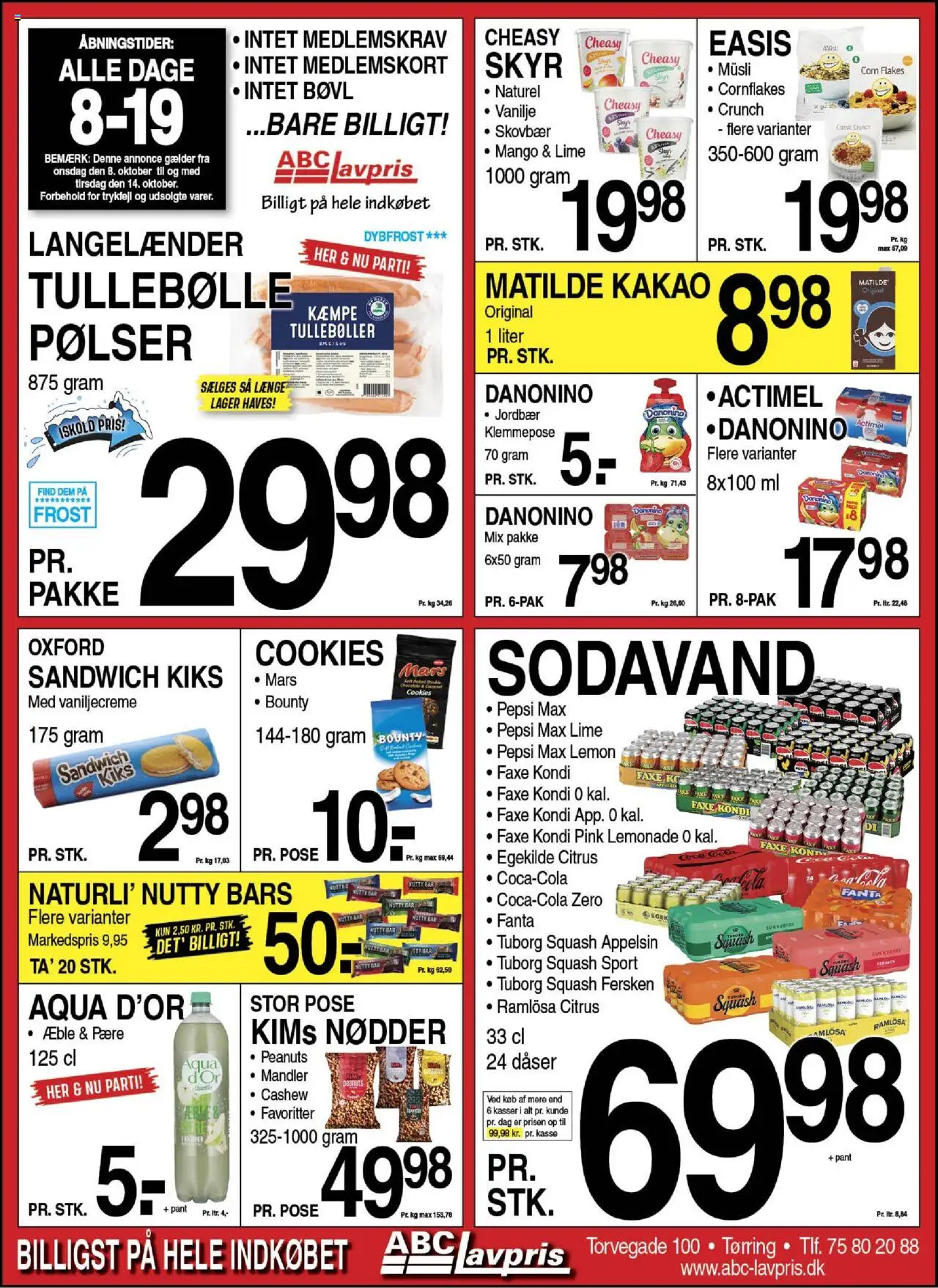 Abc Lavpris tilbudsavis – gyldig fra 08.10.2025 | Side: 1 | Produkter: Sodavand, Müsli, Cornflakes, Tuborg Squash