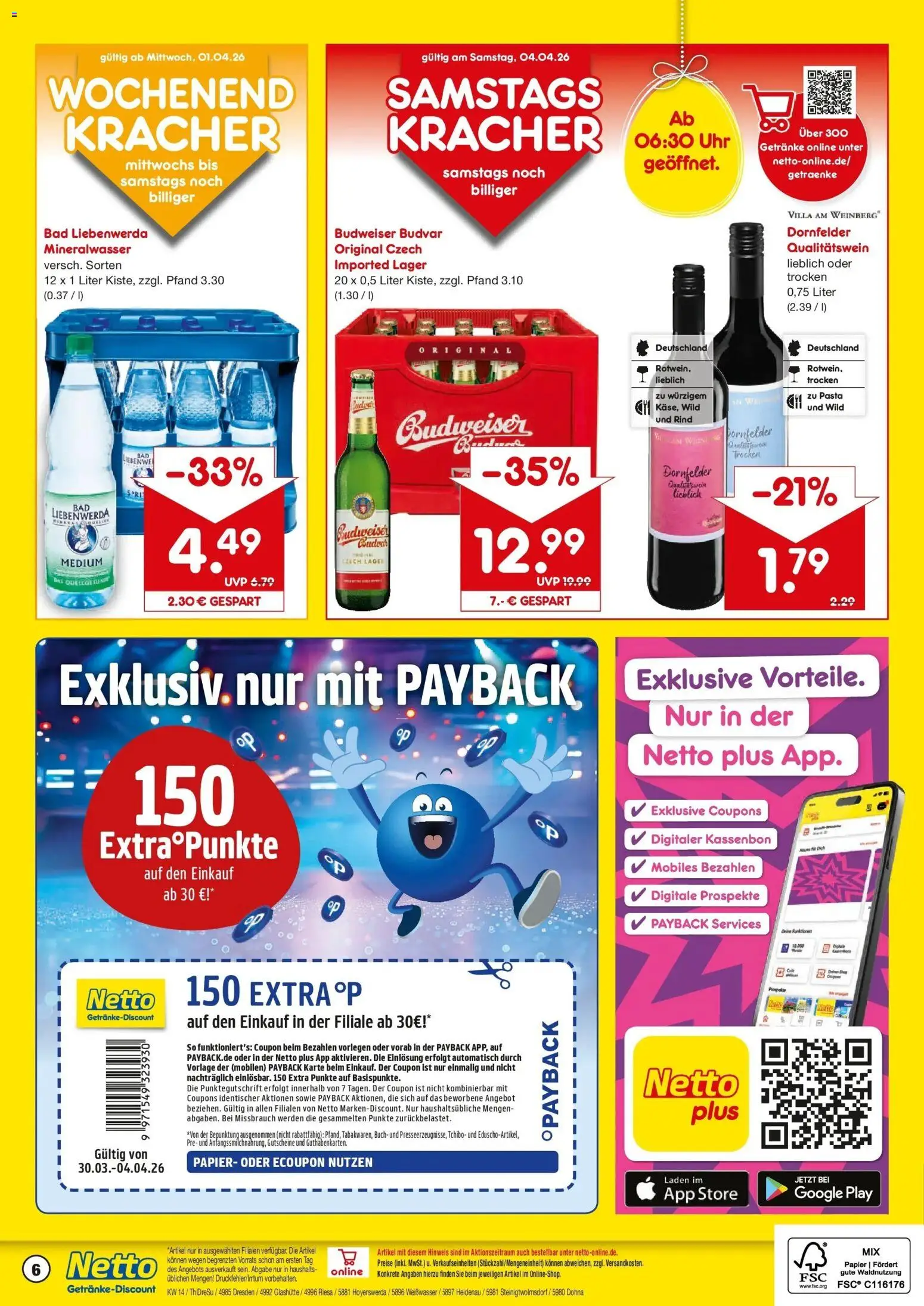 Netto Marken-Discount Prospekt Hoyerswerda	 – gültig ab 30.03.2026 | Seite: 6 | Produkte: Bad, Mineralwasser, Pasta, Budweiser