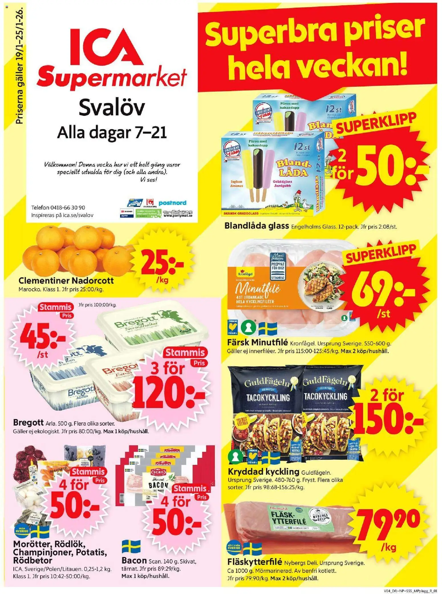ICA Supermarket reklamblad aktuell från 19.01.2026 | Sida: 1 | Produkter: Bacon, Låda, Isglass, Telefon
