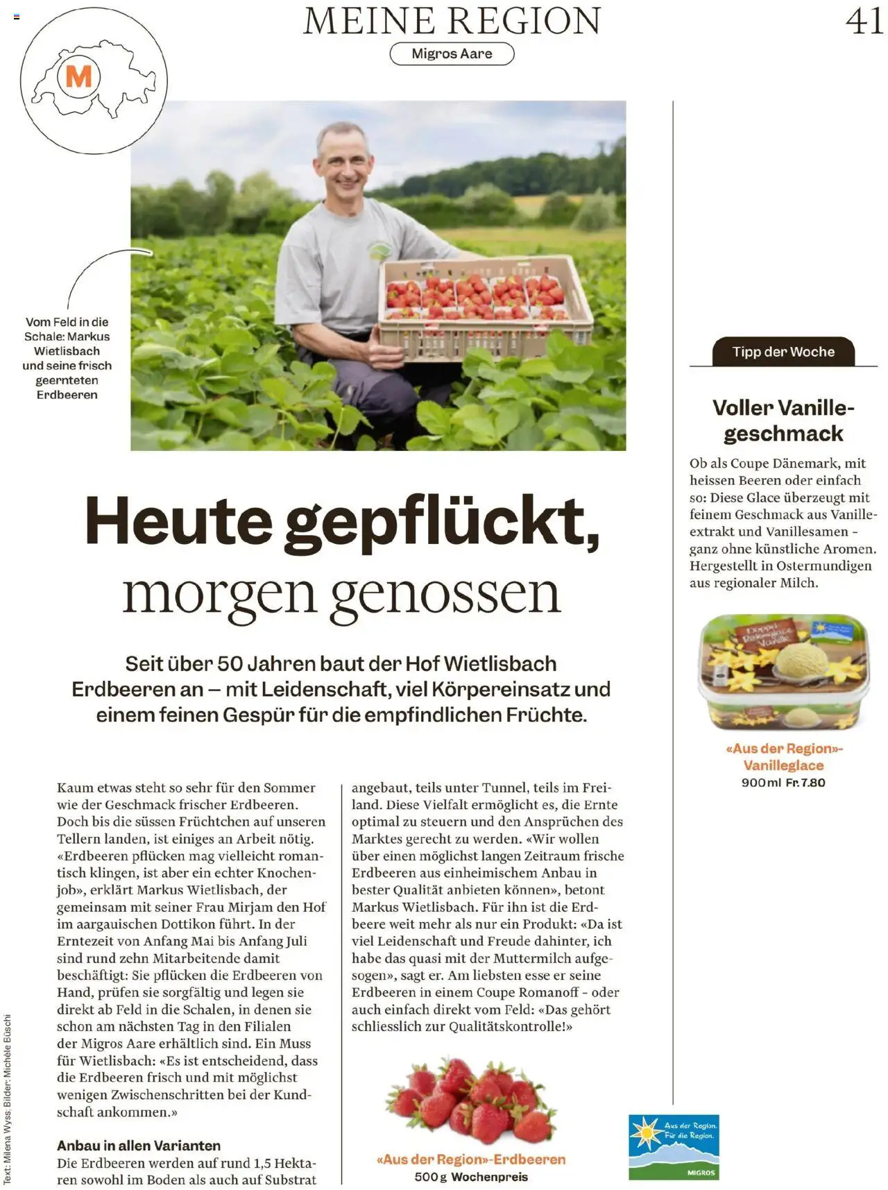 Migros Magazin ab 08.07.2025 | Seite: 41 | Produkte: Tisch, Glace, Erdbeeren, Bilder