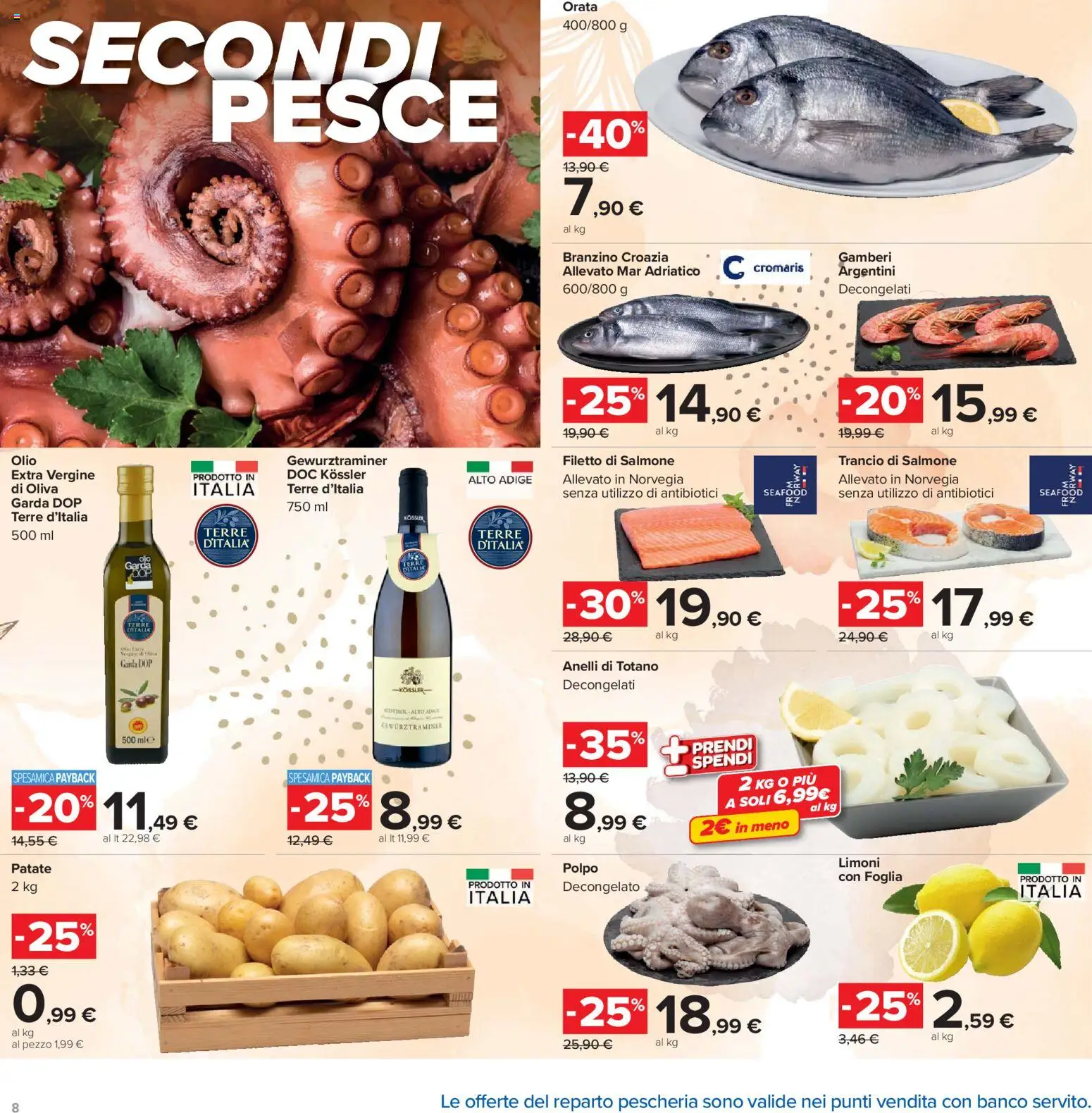 Volantino Carrefour del 24.03.2026 | Pagina: 8 | Prodotti: Salmone, Gamberi, Branzino, Olio