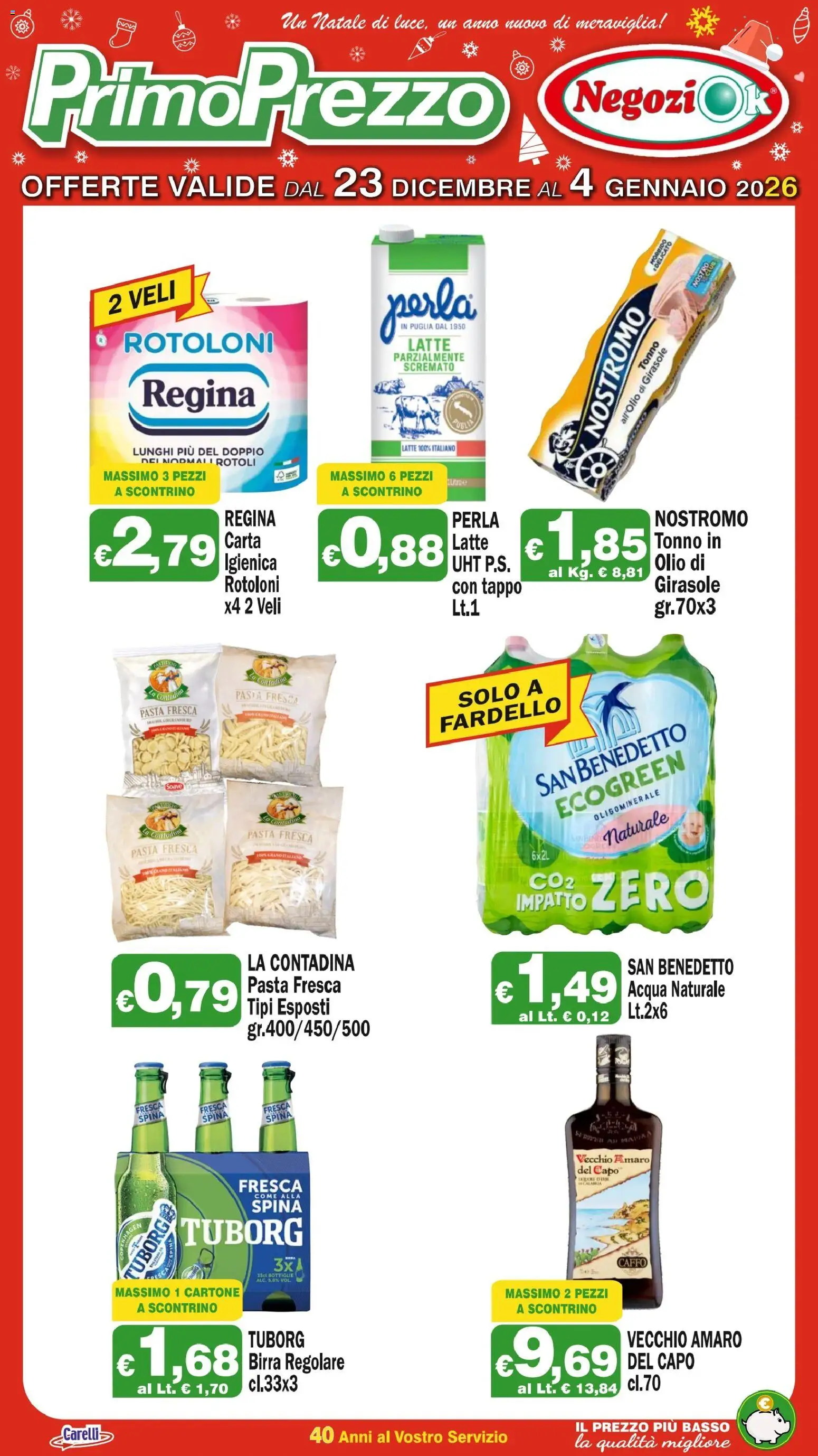Volantino Primo Prezzo del 23.12.2025 | Pagina: 1 | Prodotti: Birra, Olio, Latte parzialmente scremato, Amaro