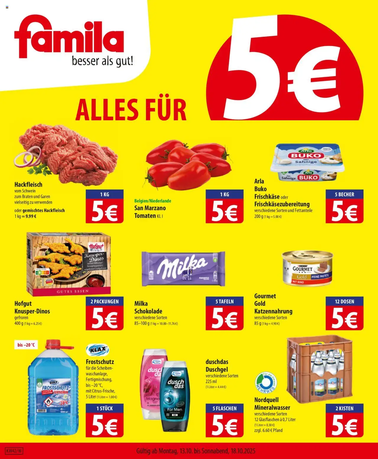 Famila Prospekt 	 – gültig ab 13.10.2025 | Seite: 1 | Produkte: Duschgel, Arla buko, Frischkase, Hackfleisch