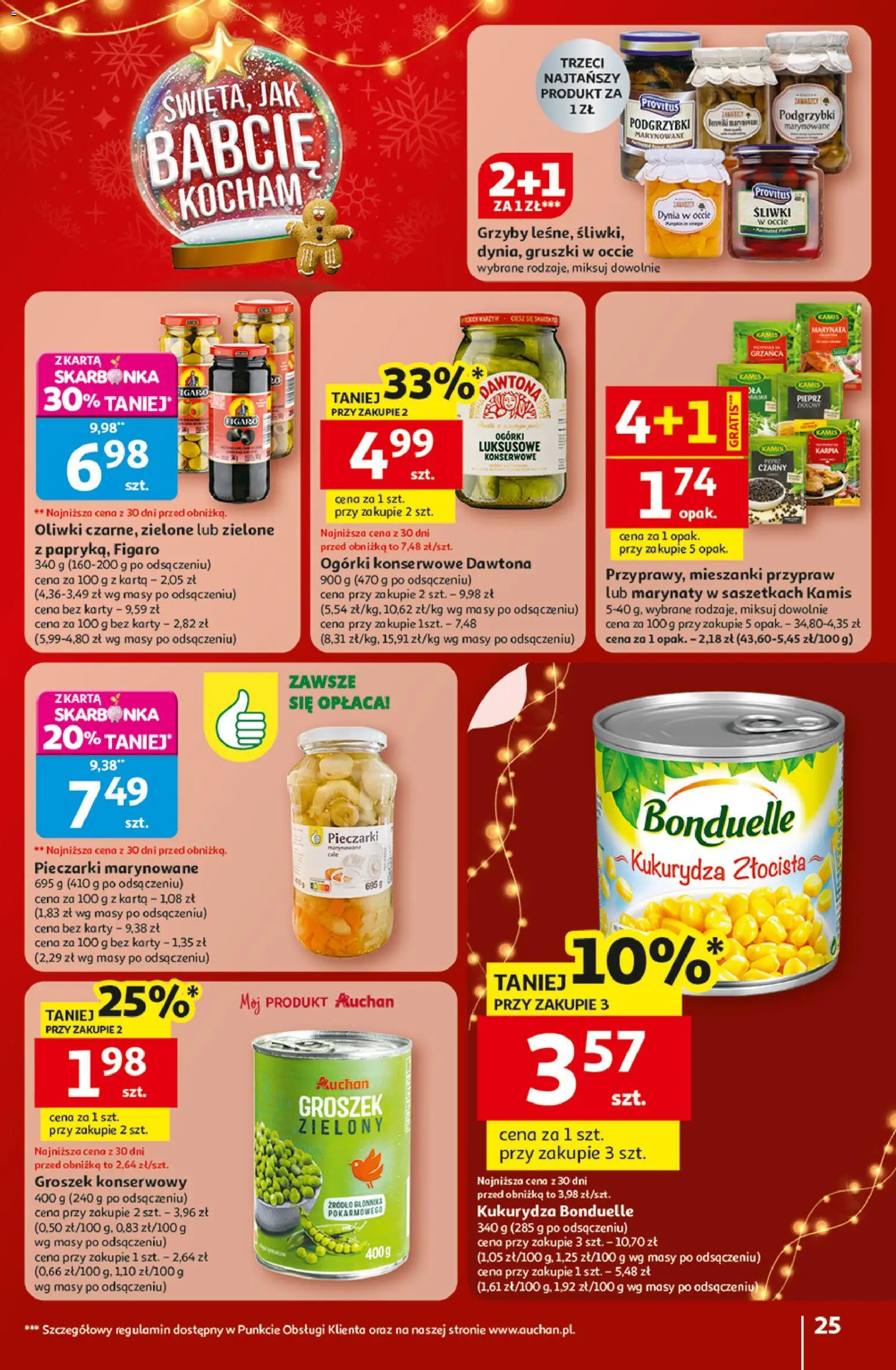 Auchan Gazetka - Święta jak babcię kocham Hipermarket od 18.12.2025 | Strona: 25 | Produkty: Śliwki, Groszek konserwowy, Pieprz, Ogórki konserwowe