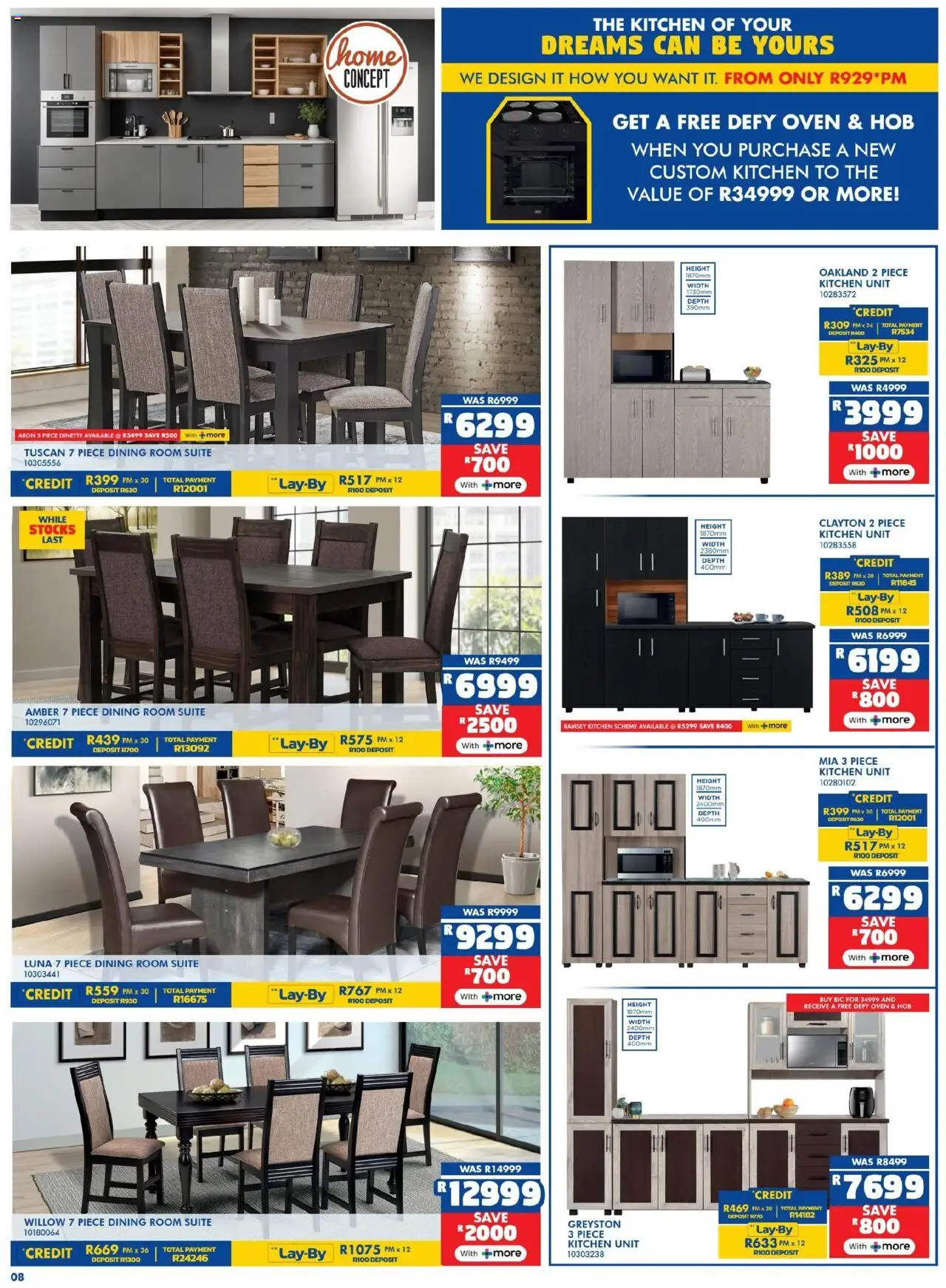New Russells catalogue – valid from 16.10.2025 | Page: 8 | Products: Oven, Hob, Kitchen unit, Dining room suite