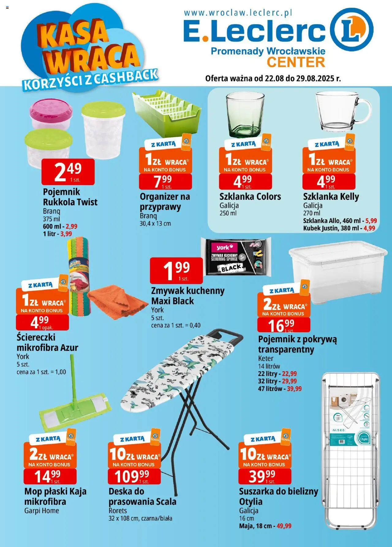 E.Leclerc Gazetka - Wrocław od 22.08.2025 | Strona: 1 | Produkty: Szklanka, Karta, Suszarka, Przyprawy