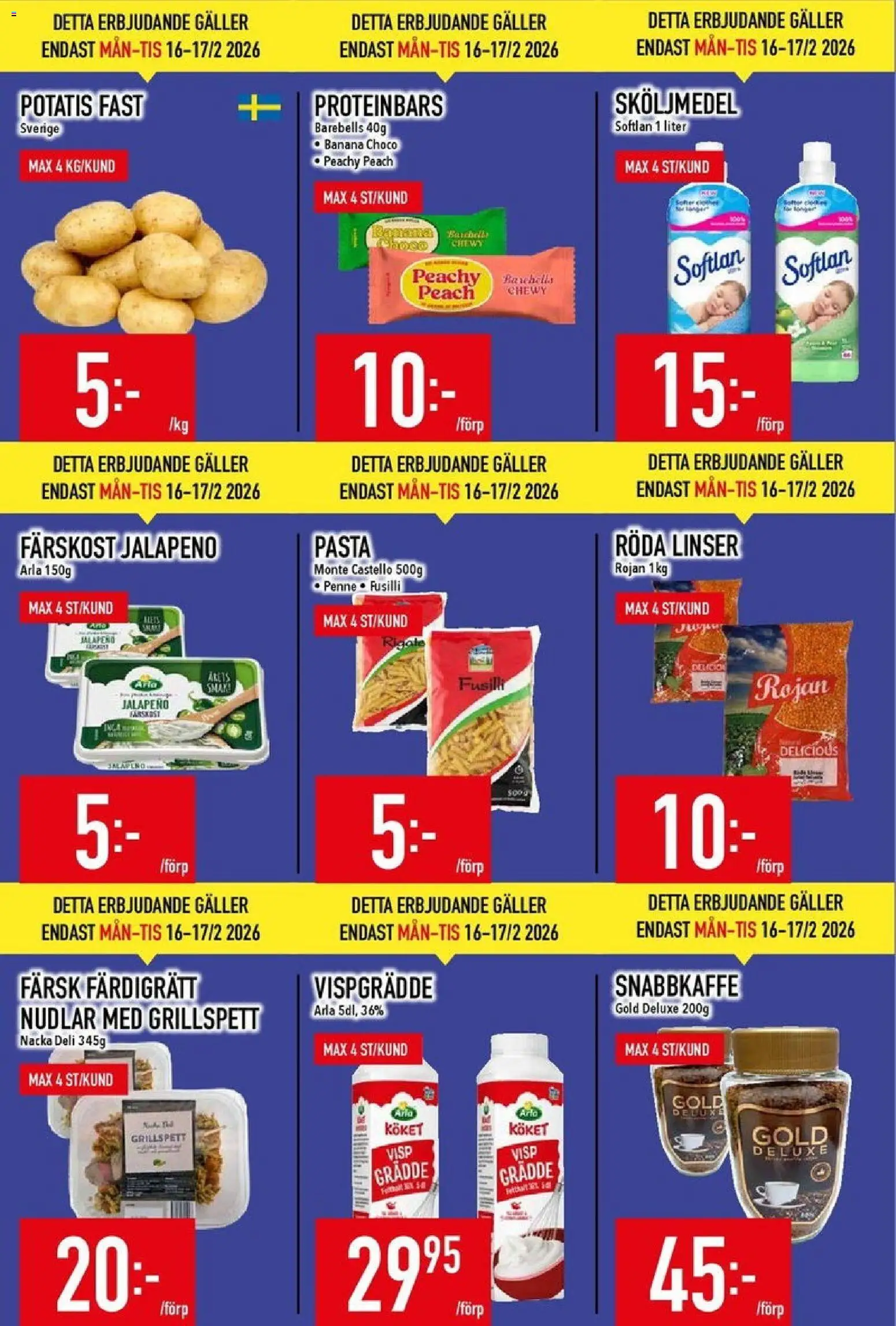 Matdax reklamblad aktuell från 16.02.2026 | Sida: 2 | Produkter: Linser, Grillspett, Pasta, Grädde