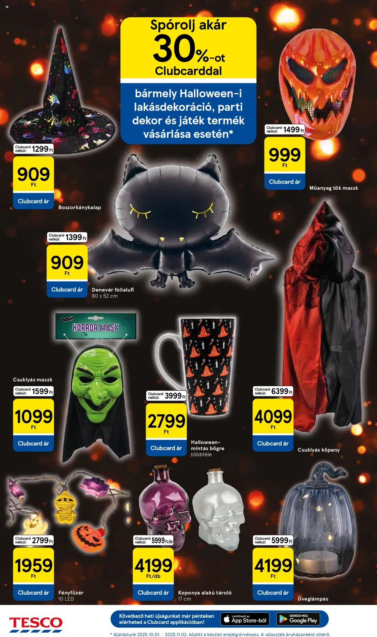 Tesco akciós ujság - amely érvényes a következő dátumtól: 21.10.2025 | Oldal: 12 | Termékek: Fényfüzér, Tök, Bögre, Maszk