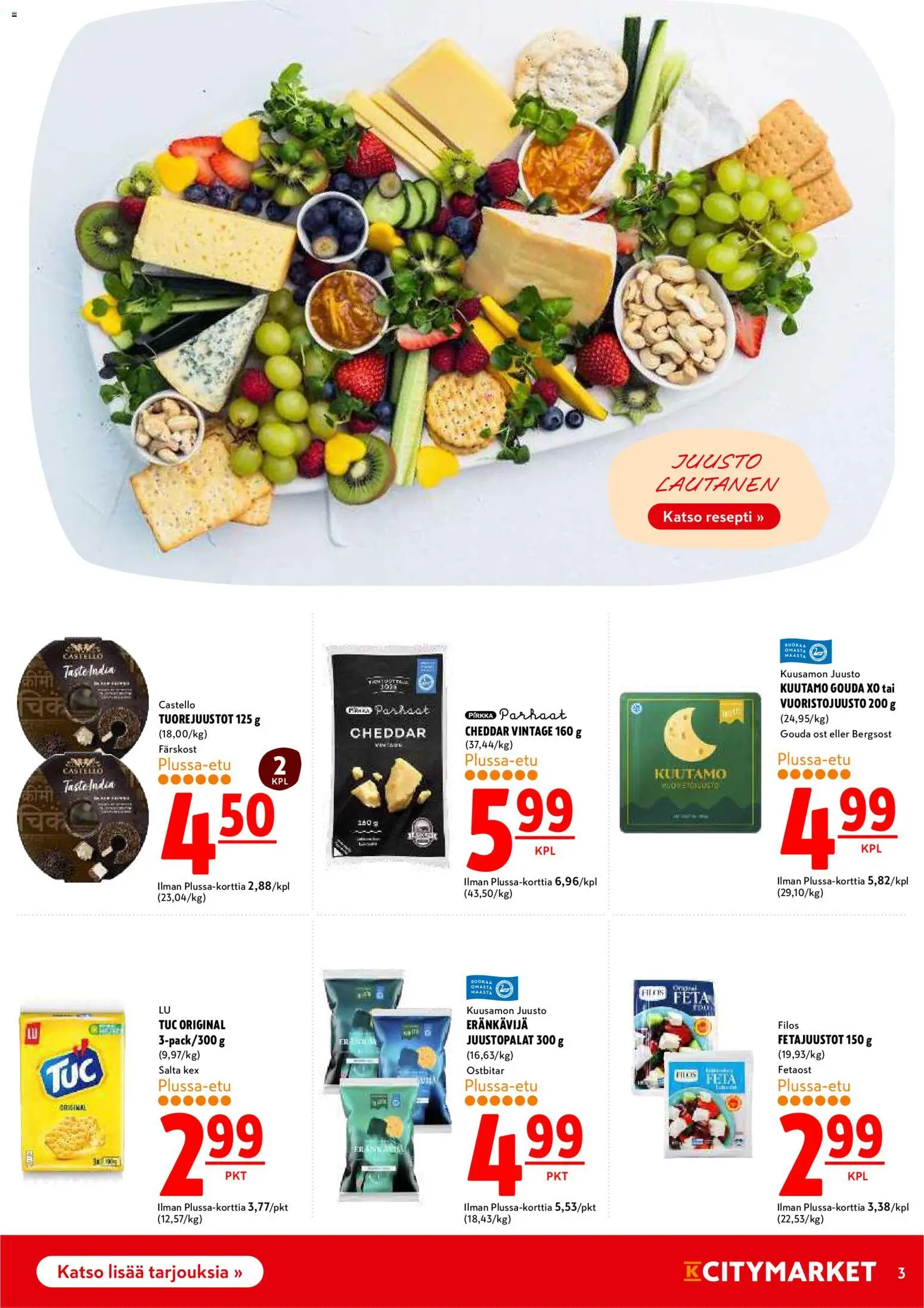 K-Citymarket tarjoukset – voimassa 26.03.2026 alkaen | Sivu: 3 | Tuotteet: Cheddar, Juusto, Lautanen