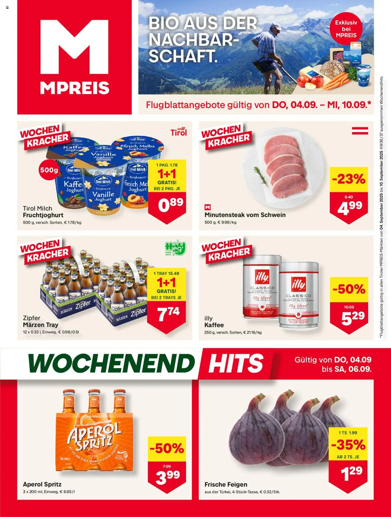 MPREIS Absam gültig ab 04.09.2025 | Seite: 1 | Produkte: Pfirsich, Milch, Joghurt, Kaffee