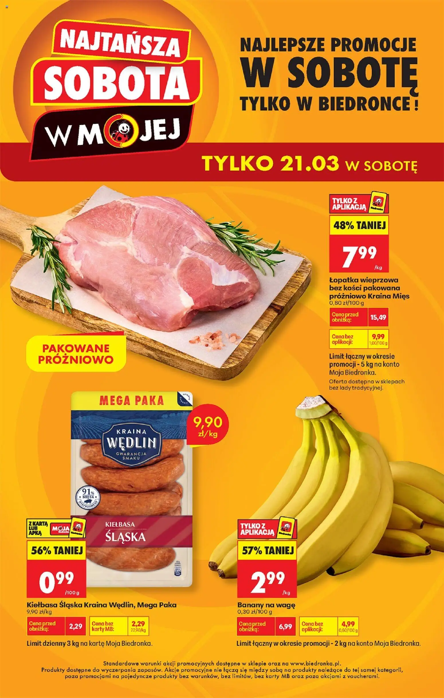 Biedronka gazetka - Najtańsza sobota od 21.03.2026 | Strona: 1 | Produkty: Kiełbasa, Kraina mięs, Łopatka wieprzowa, Banany