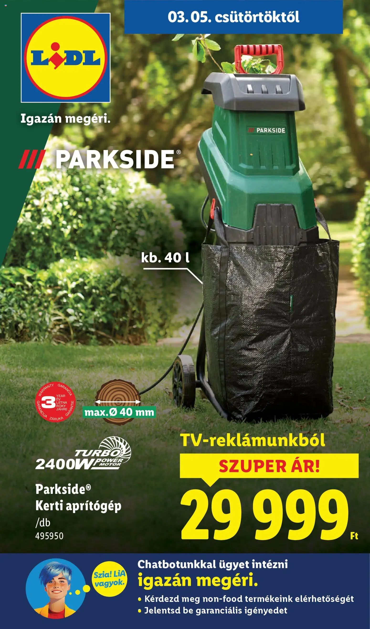 Lidl akciós ujság - amely érvényes a következő dátumtól: 05.03.2026 | Oldal: 1 | Termékek: Parkside, Aprítógép