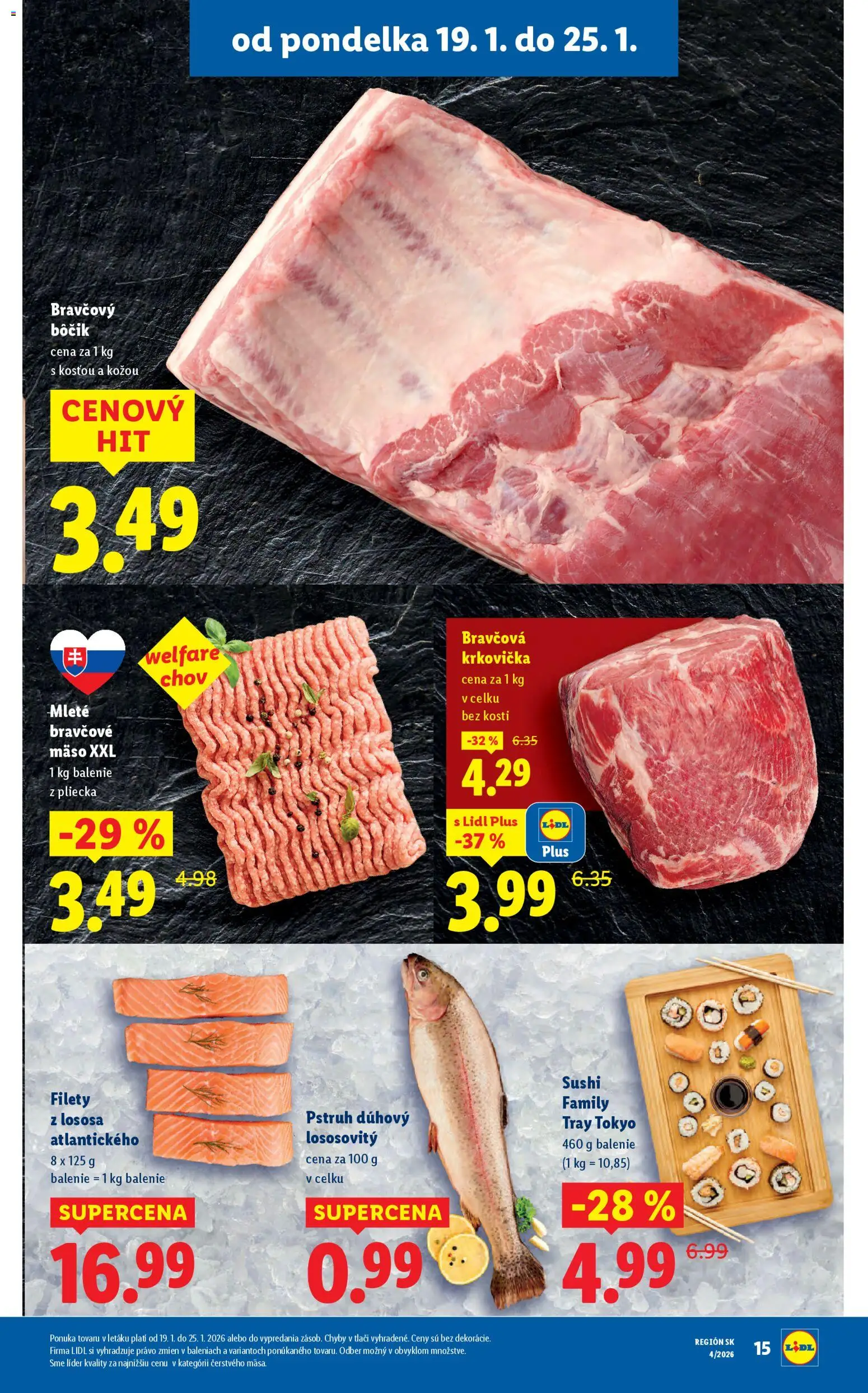 Nové Lidl akcie – leták je platný od 19.01.2026 | Strana: 19 | Produkty: Bravčová krkovička, Pstruh, Krkovička, Sushi
