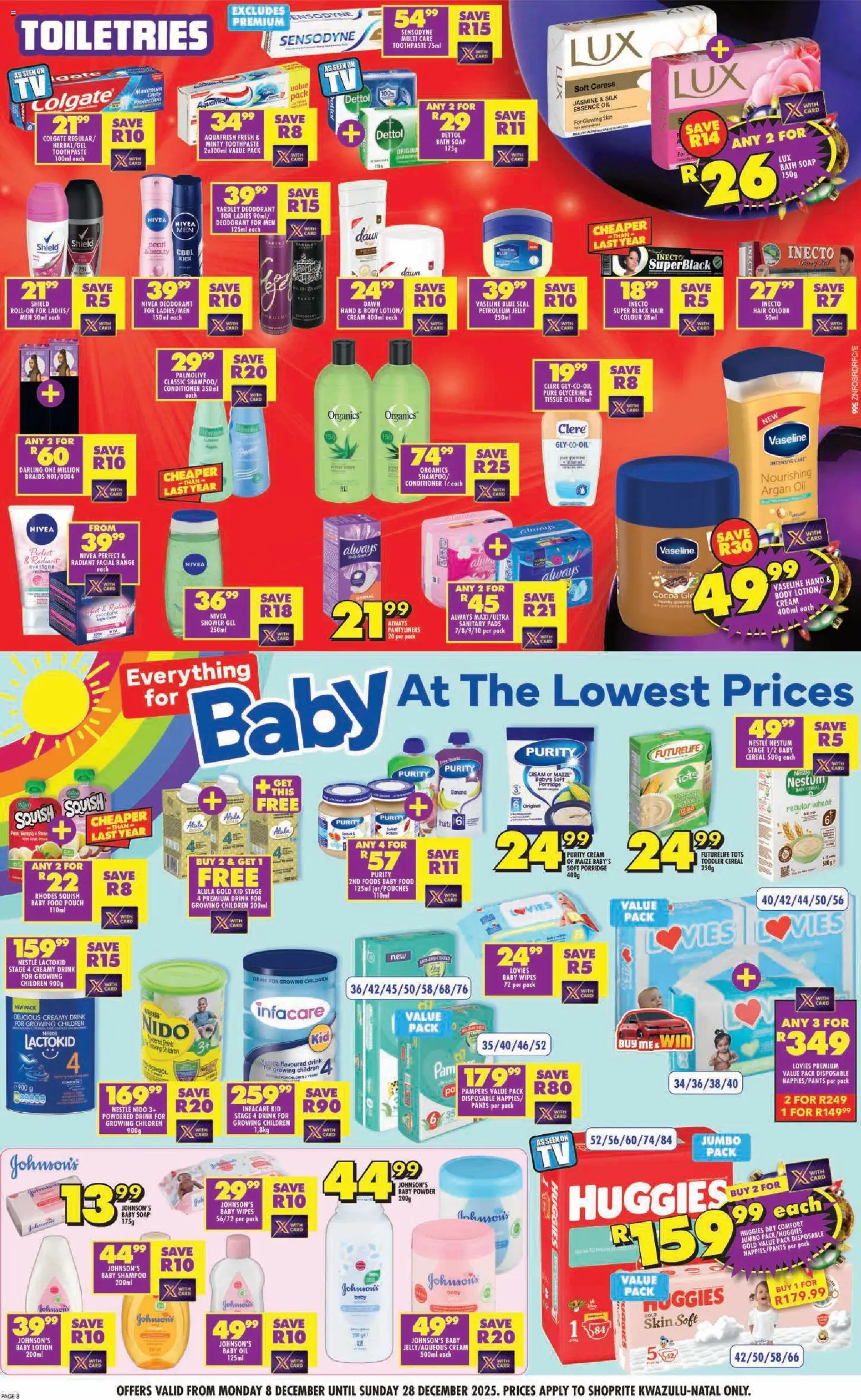 New Shoprite catalogue – valid from 08.12.2025 | Page: 8 | Products: Bath, Cream, Baby food, Lotion