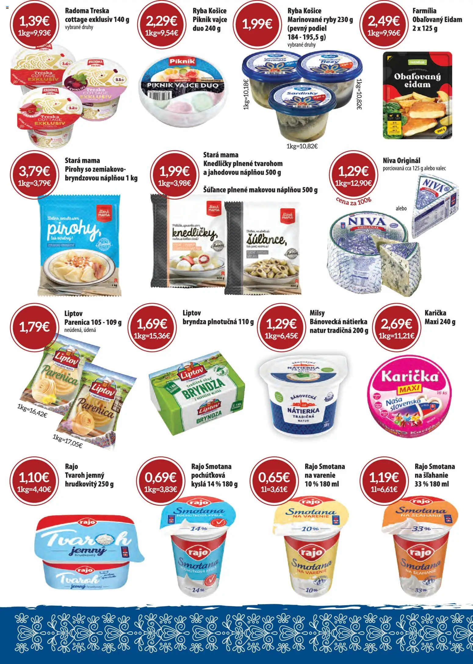 Nové CBA Komfos akcie – leták je platný od 01.04.2026 | Strana: 4 | Produkty: Pirohy, Sardinky, Eidam, Bryndza