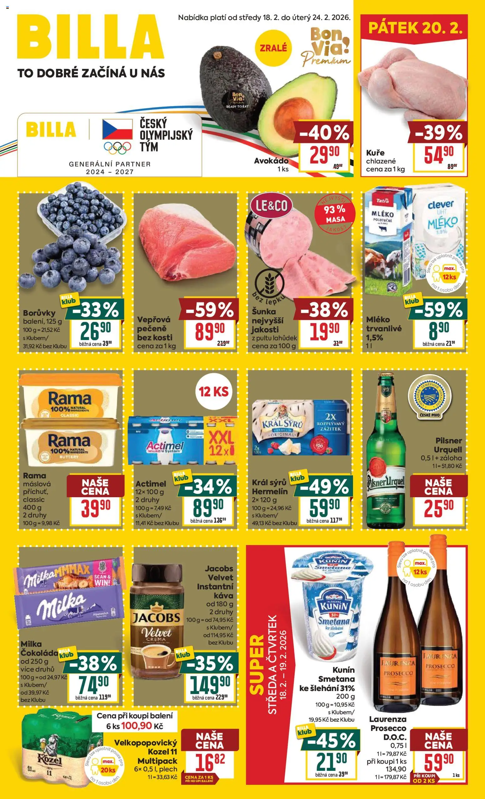 Billa Velký leták od 18.02.2026 | Strana: 1 | Produkty: Prosecco, Mléko, Smetana, Kuře