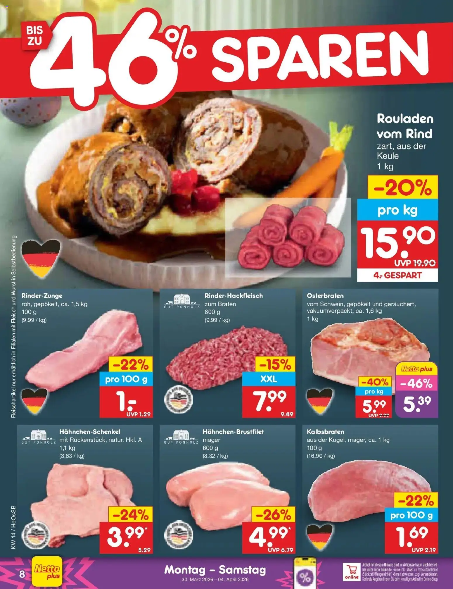 Netto Marken-Discount Prospekt Kröpelin	 – gültig ab 29.03.2026 | Seite: 8 | Produkte: Hahnchenschenkel, Wurst, Fleisch