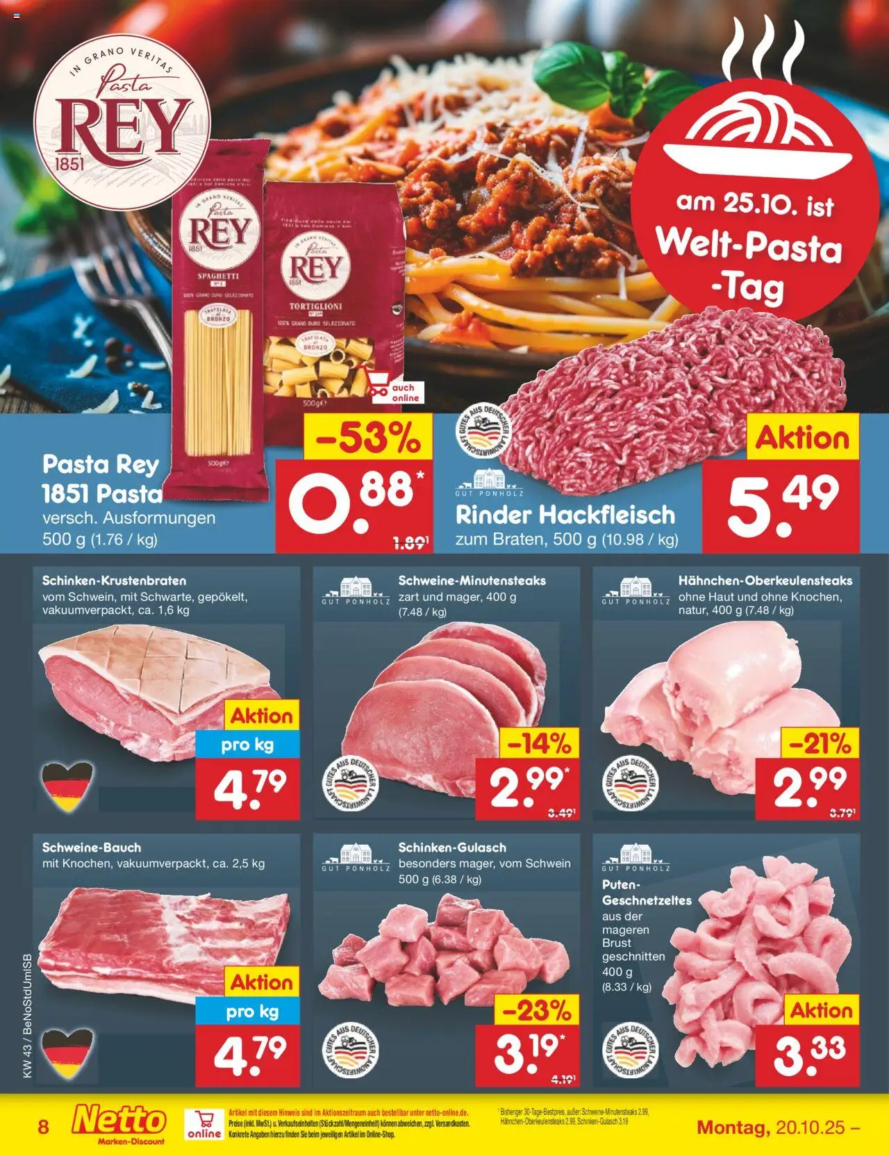 Netto Marken-Discount Prospekt 	 – gültig ab 20.10.2025 | Seite: 14 | Produkte: Schweinebauch, Pasta, Hackfleisch